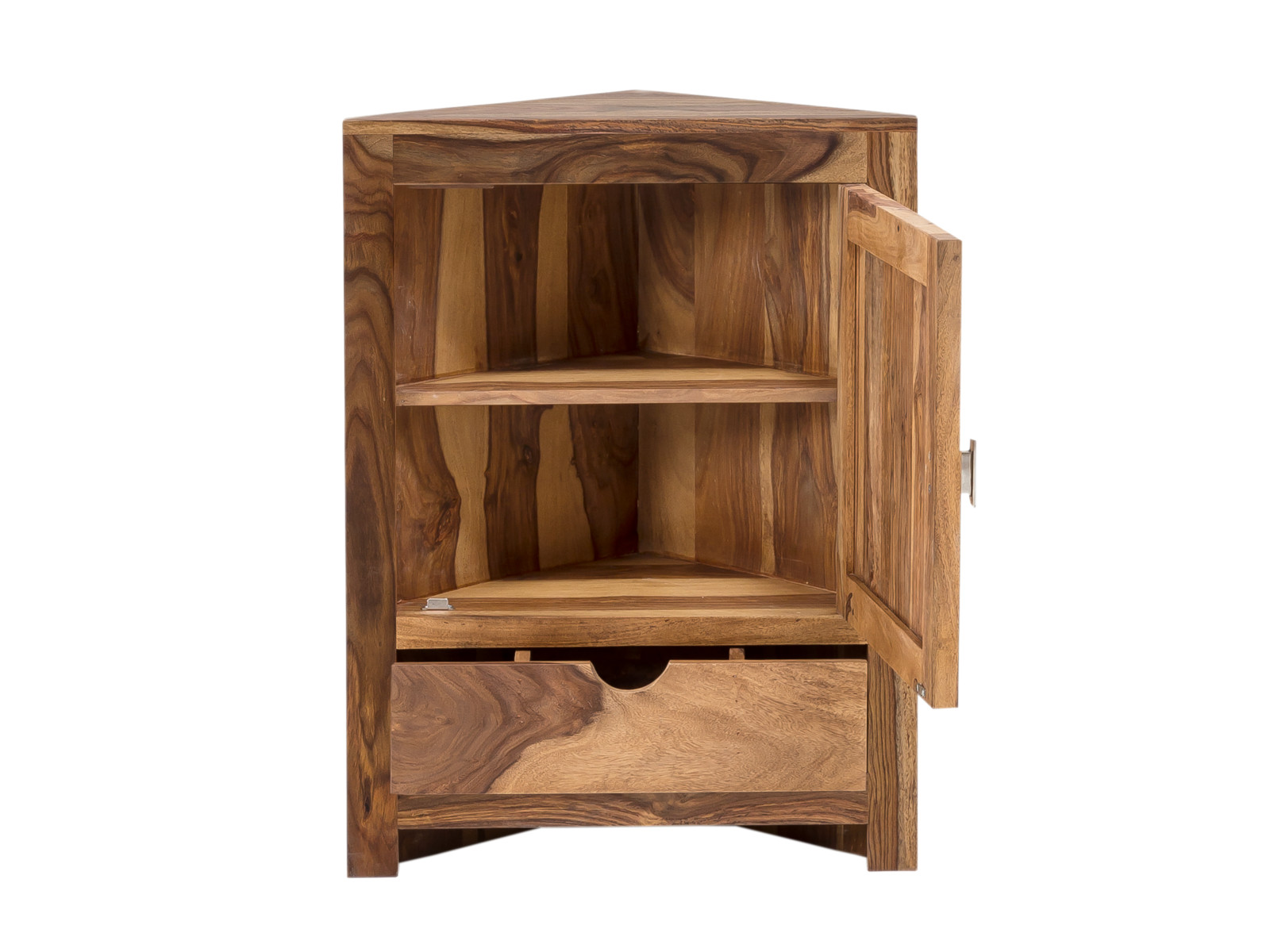 Bad Eckunterschrank Lagos – Freisteller Frontansicht geöffnet: brauner Palisander-Eckunterschrank 60×80×32 cm mit rechter Tür und Schublade