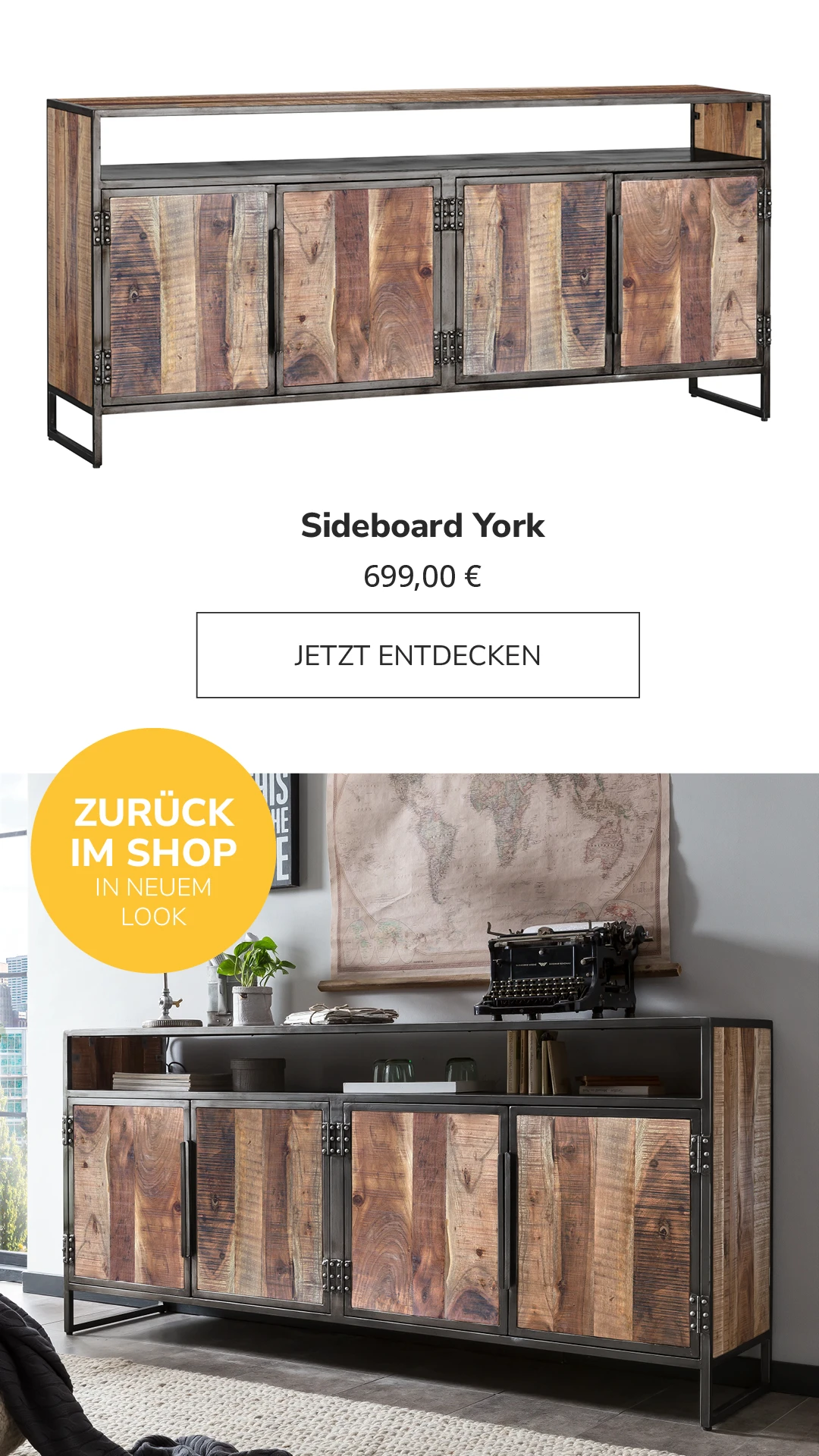 Sideboard York, Naturholz mit sichtbarer Maserung, 2 Türen, schlanke Metallbeine, modernes minimalistisches Design.