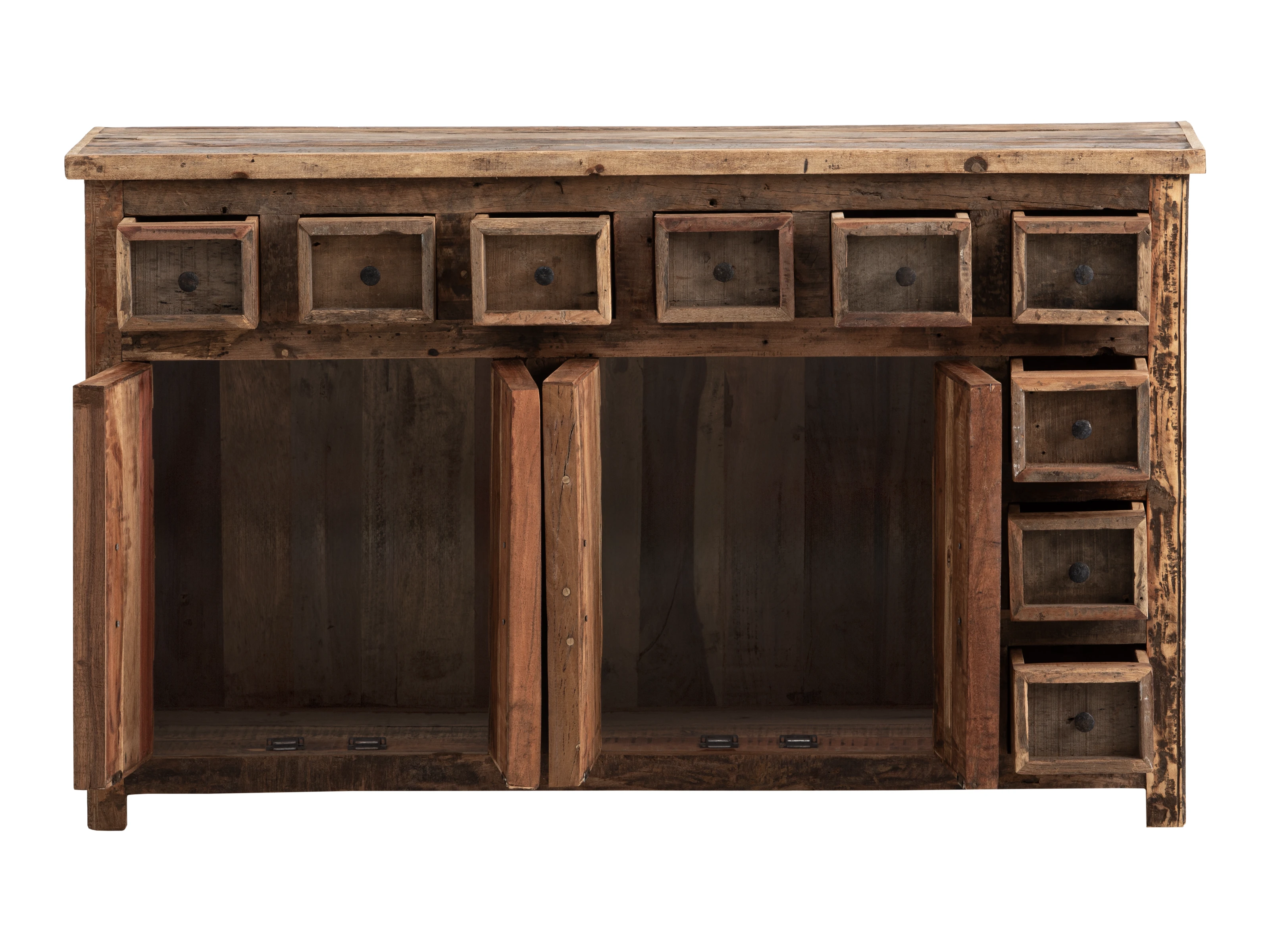 Freisteller Frontansicht geöffnet: 4-türiges Sideboard Sumatra aus braunem Altholz mit 9 Schubladen, Maße 147×89×40?cm.