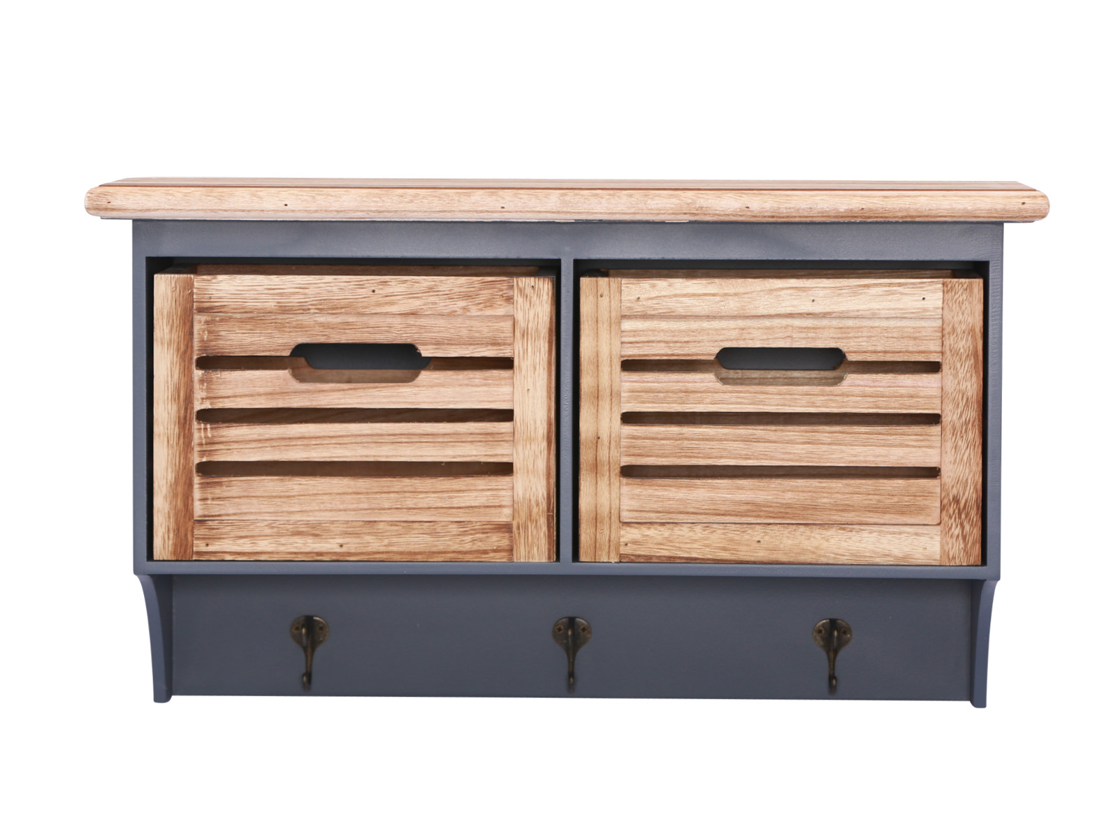 Freisteller Frontansicht: Wandregal Kansas II in Grau (63×36×24 cm) mit zwei Paulownia-Holzkisten, lackiertes MDF und drei Haken