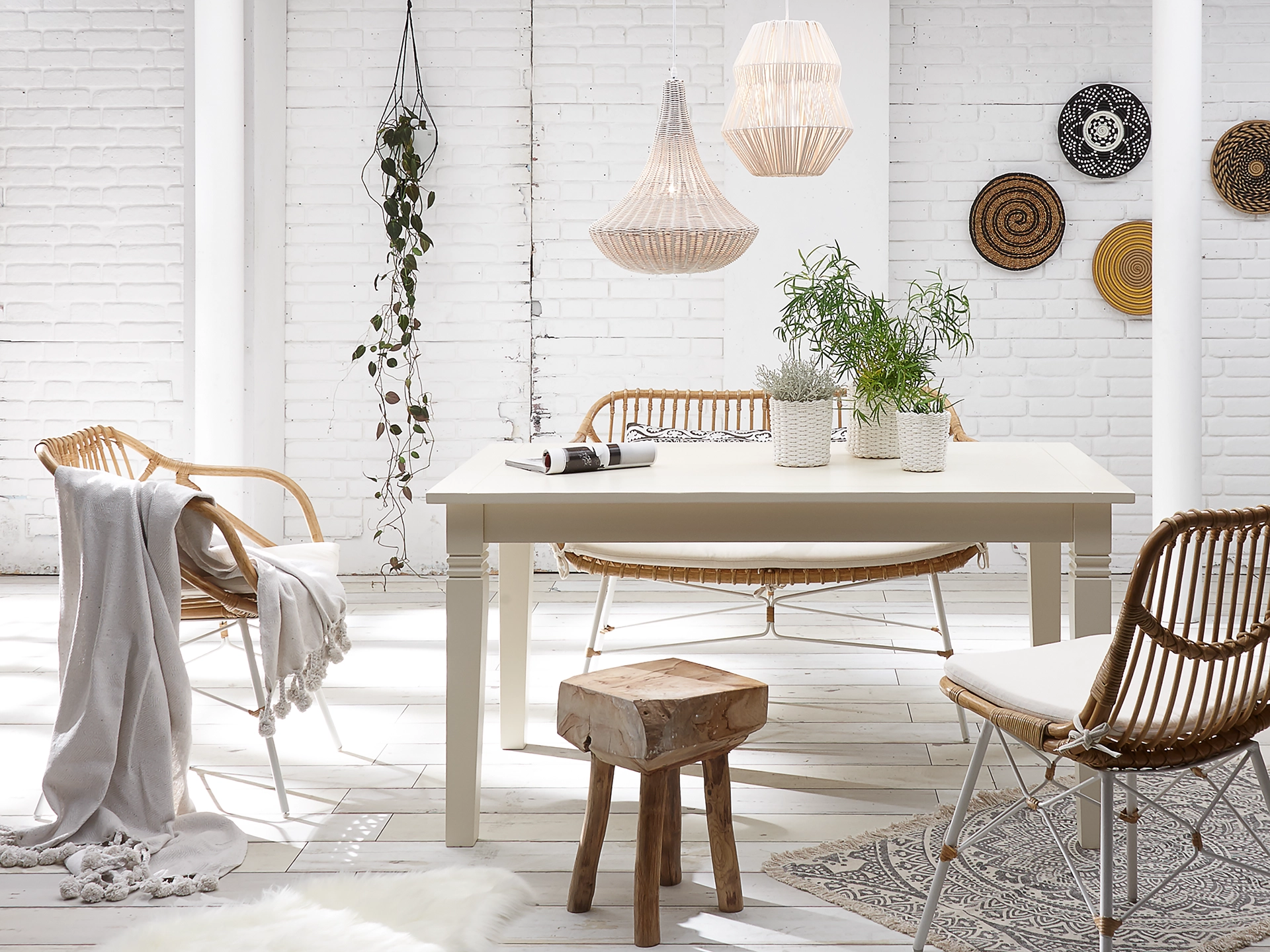 Ambienteaufnahme des Catana Massivholzmöbels in warmem Holzton, minimalistisches Design vor neutralem Hintergrund