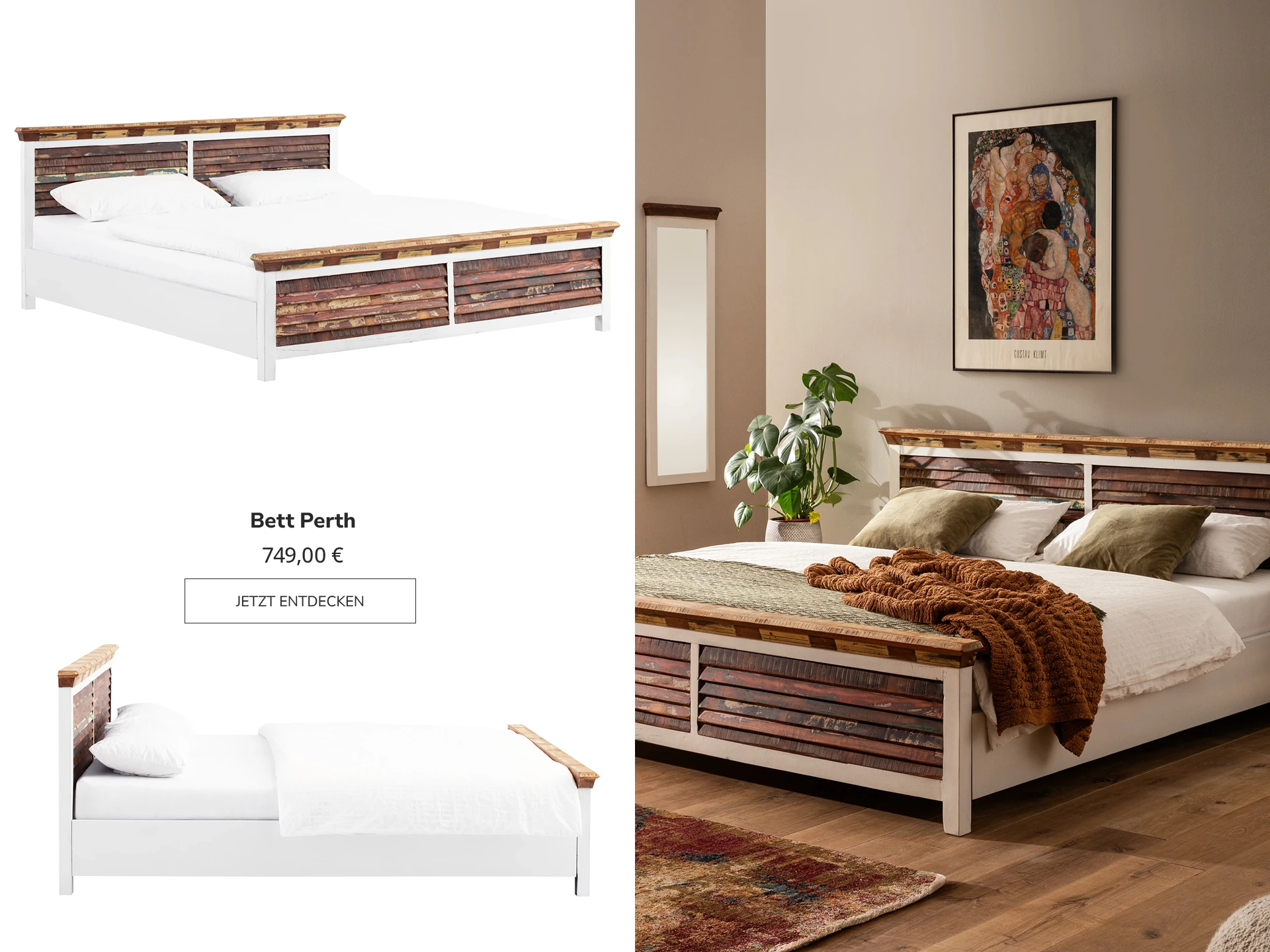 Bett Perth aus Massivholz in natürlicher Eiche, modernes skandinavisches Design mit niedrigem Rahmen und neutraler Bettwäsche im hellen Schlafzimmer-Ambiente