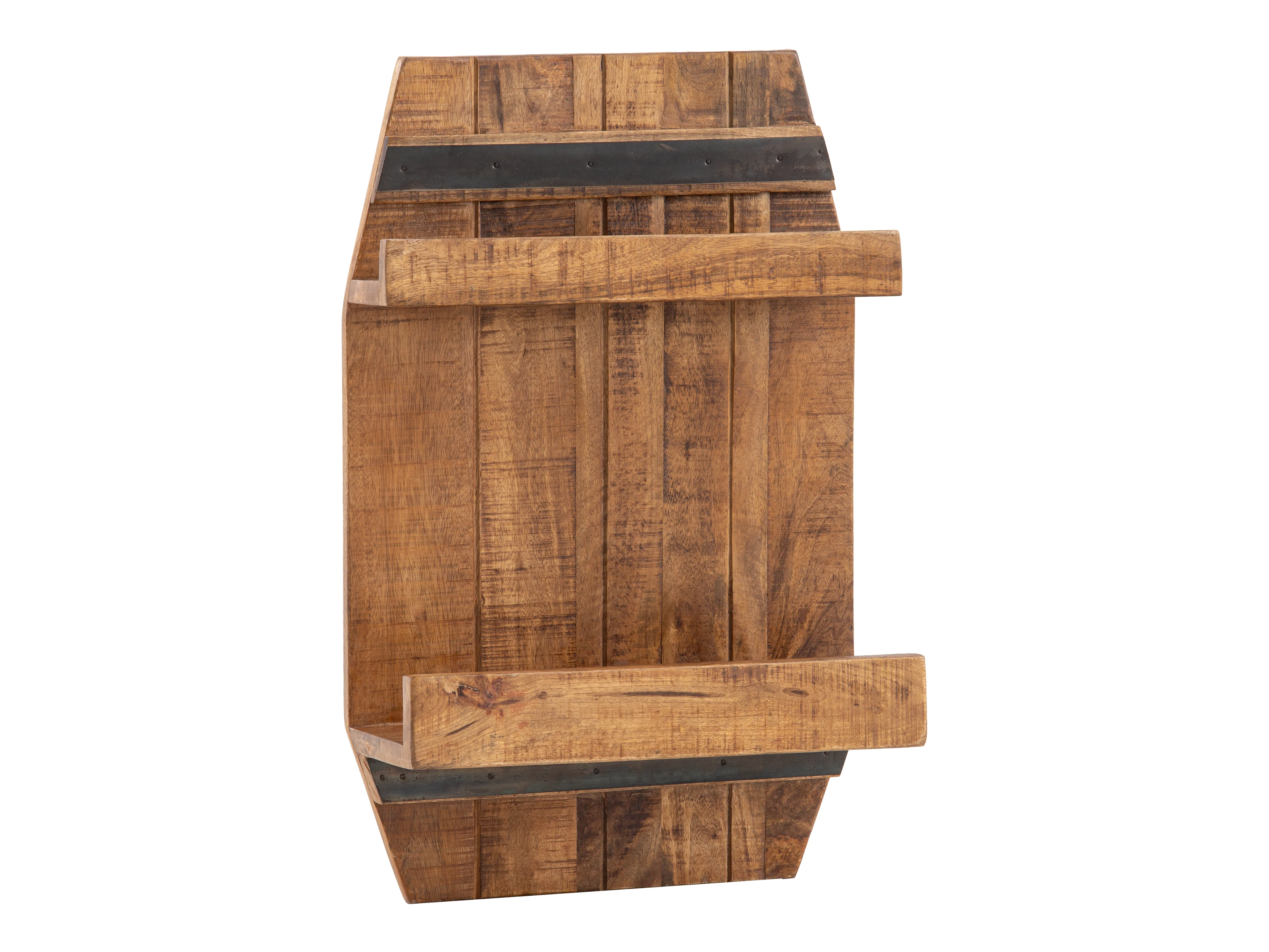 Freisteller Frontansicht Wandregal Barrel aus lackiertem braunem Holz mit 2 Ablagen, 45×70×18 cm