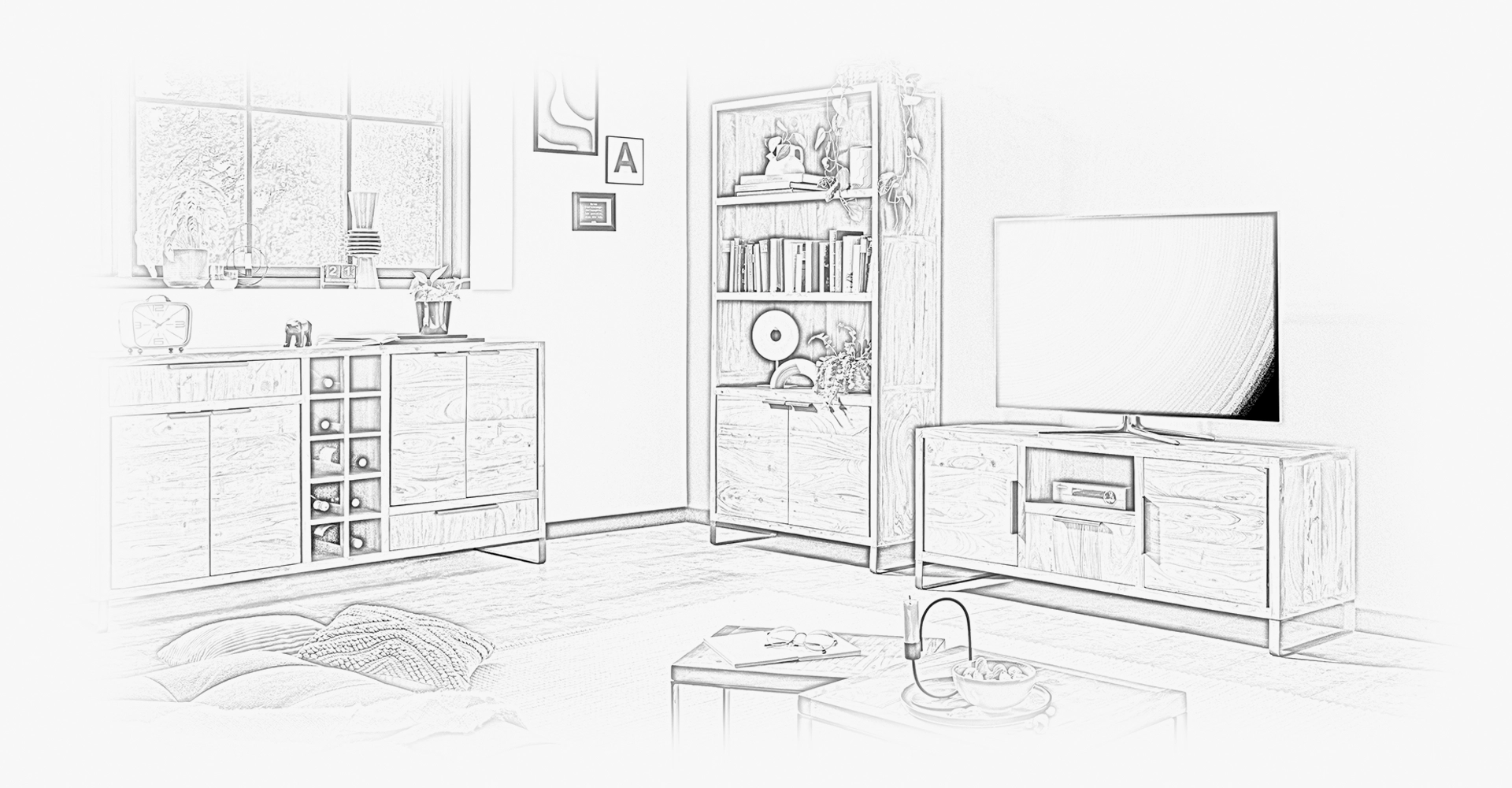 Ambienteaufnahme der Sydney-Holzkommode mit Schubladen im modernen, minimalistischen Wohnstil