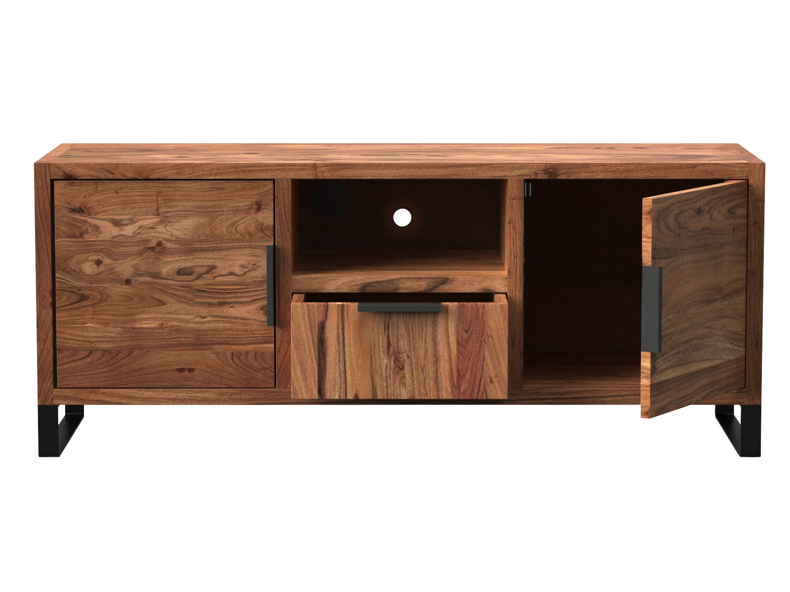 Freisteller-Frontansicht TV-Bank Sydney aus Akazienholz 134×55×45 cm, 2 Türen (rechts offen), 1 Schublade, offenem Fach.