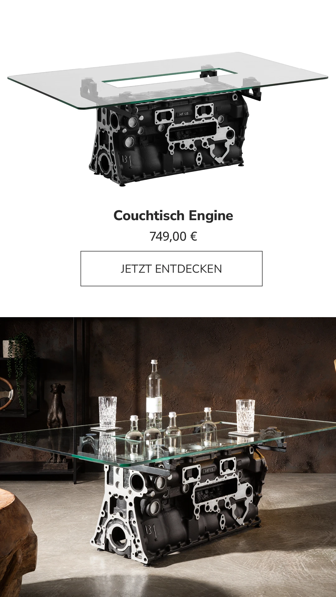 Esstisch „Engine“ im Industriedesign: massive Holzplatte auf schwarzem Metallgestell, rustikale Maserung, warme, moderne Optik