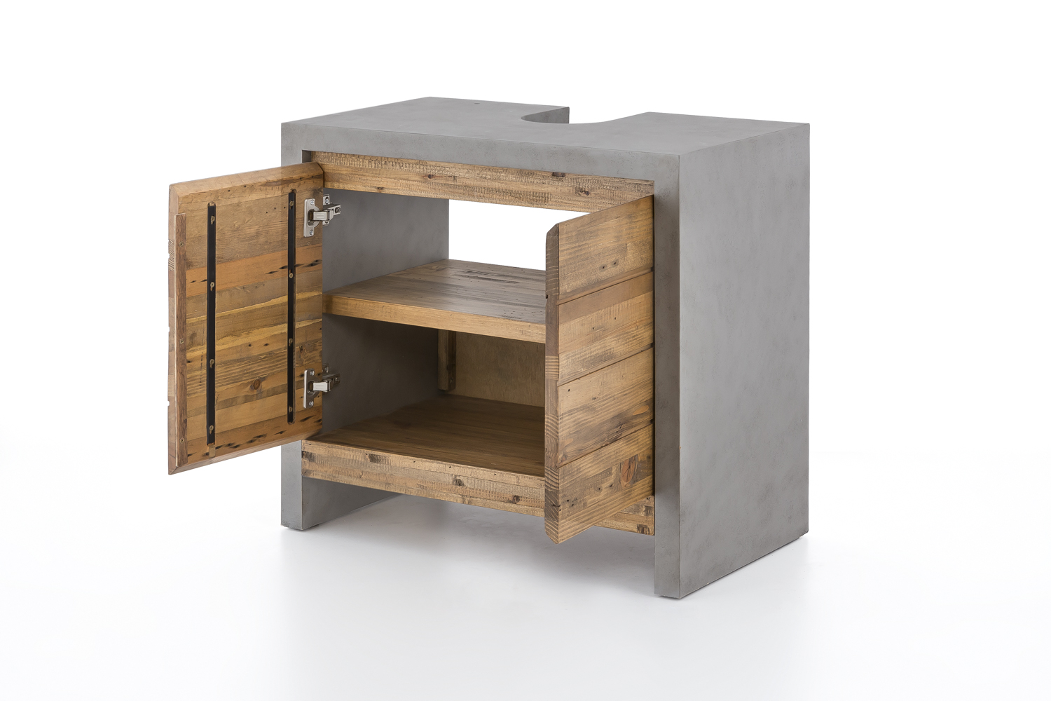 Freisteller 45°-Ansicht: Waschbeckenunterschrank Burnham, Grau, 70×66×40 lackiert Pinie/MDF offen mit 2 Türen & Einlegeboden