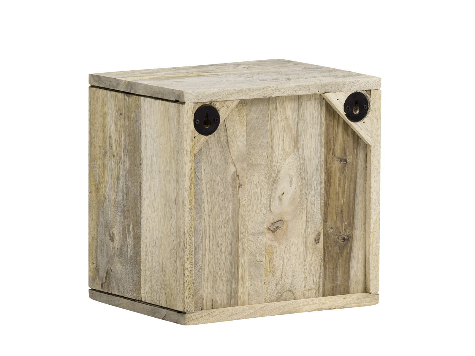 45°-Rückansicht Freisteller: Wandregal Alcudia aus lackiertem Mangoholz (30×30×25 cm) mit offenem Fach und Wandbefestigung