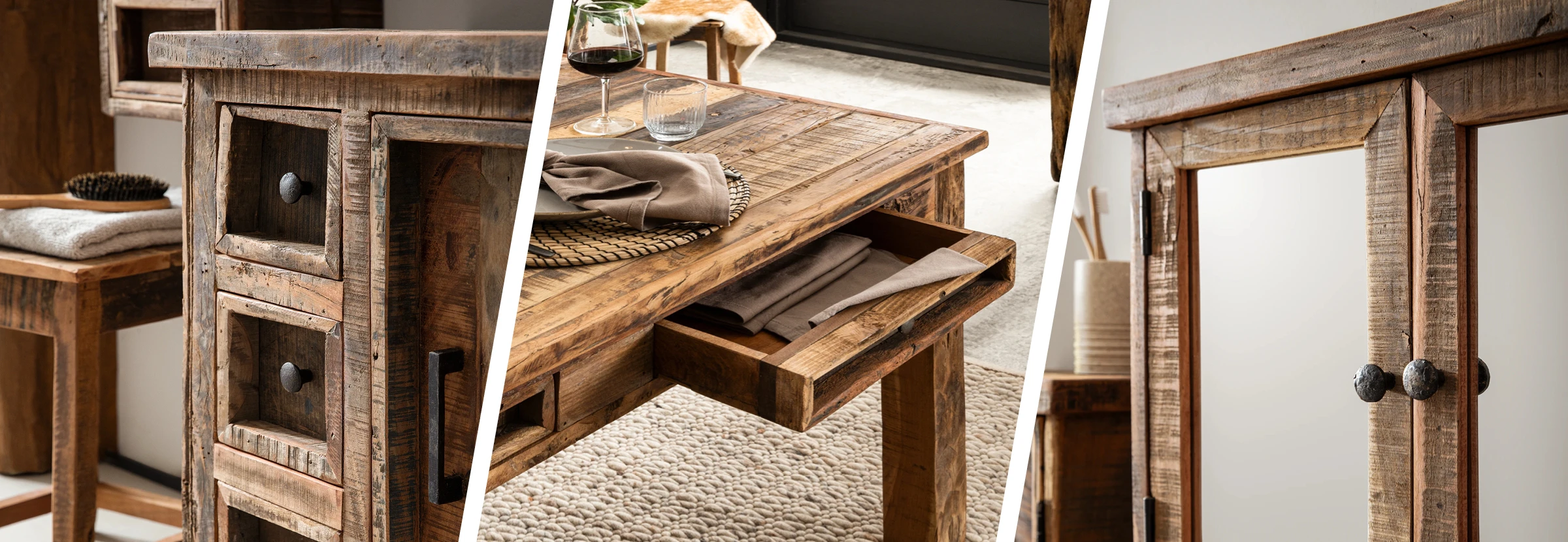 Blog-Header 'Sumatra' mit warmem Massivholztisch, tropischem Blatt im Hintergrund und stimmungsvoller, warmer Beleuchtung