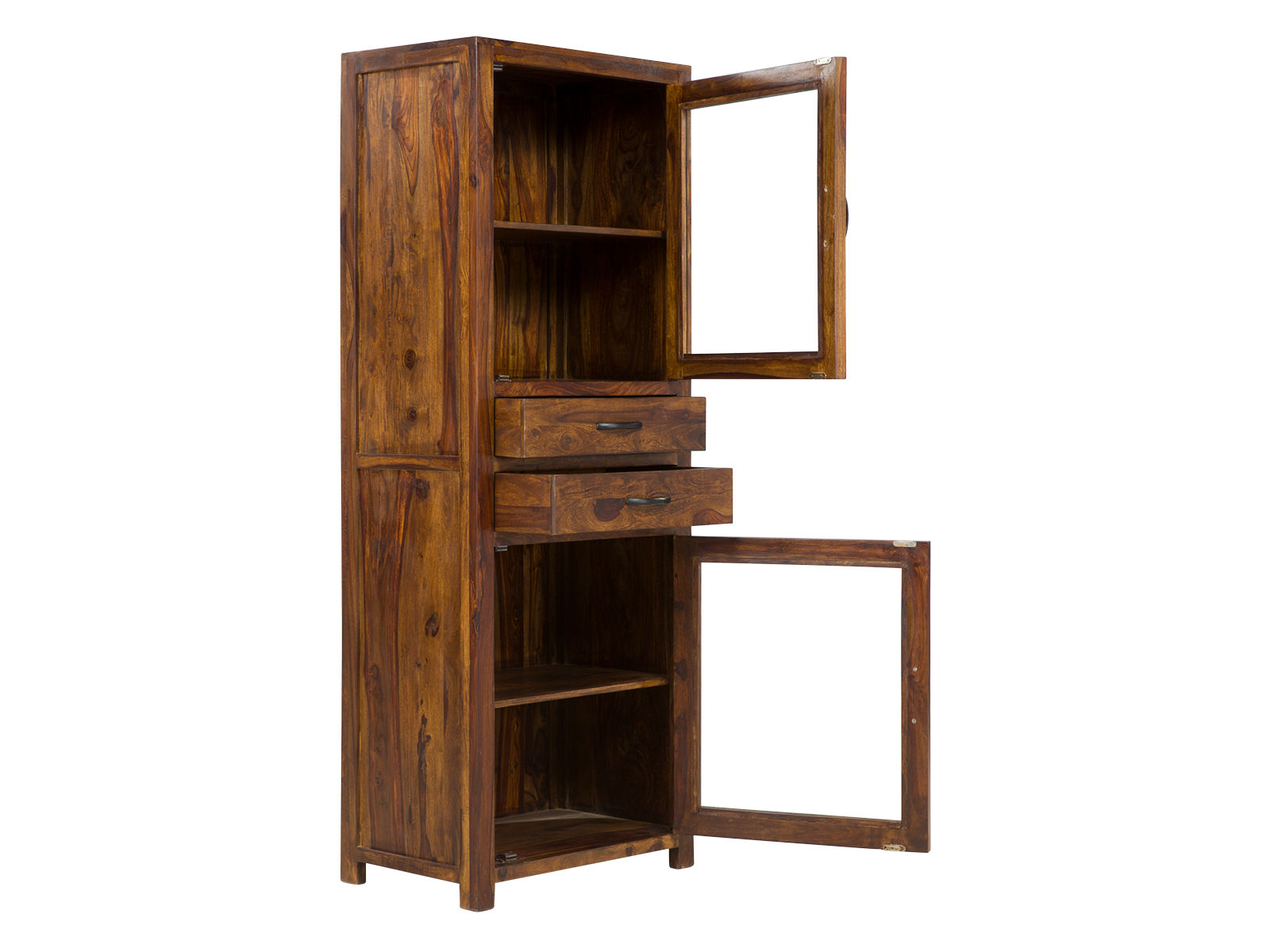 Vitrine Palison dunkel, lackierte Palisander-Holz-Vitrine mit 2 Türen, 2 Schubladen, Frontansicht geöffnet, Freisteller