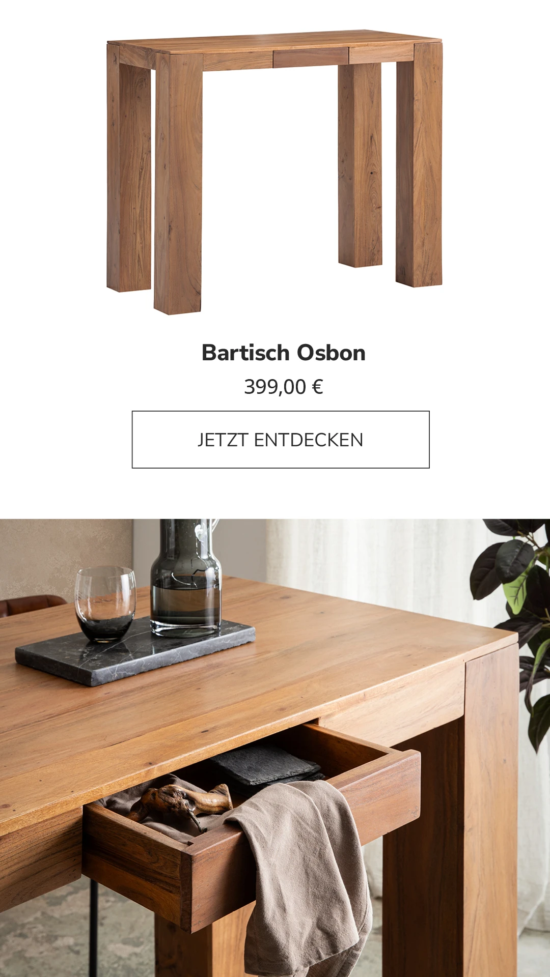 Moderner Bartisch „Osbon“ – Holzoptik-Platte auf schlankem schwarzem Gestell, minimalistisches Stehtisch-Design für Küche & Gastro