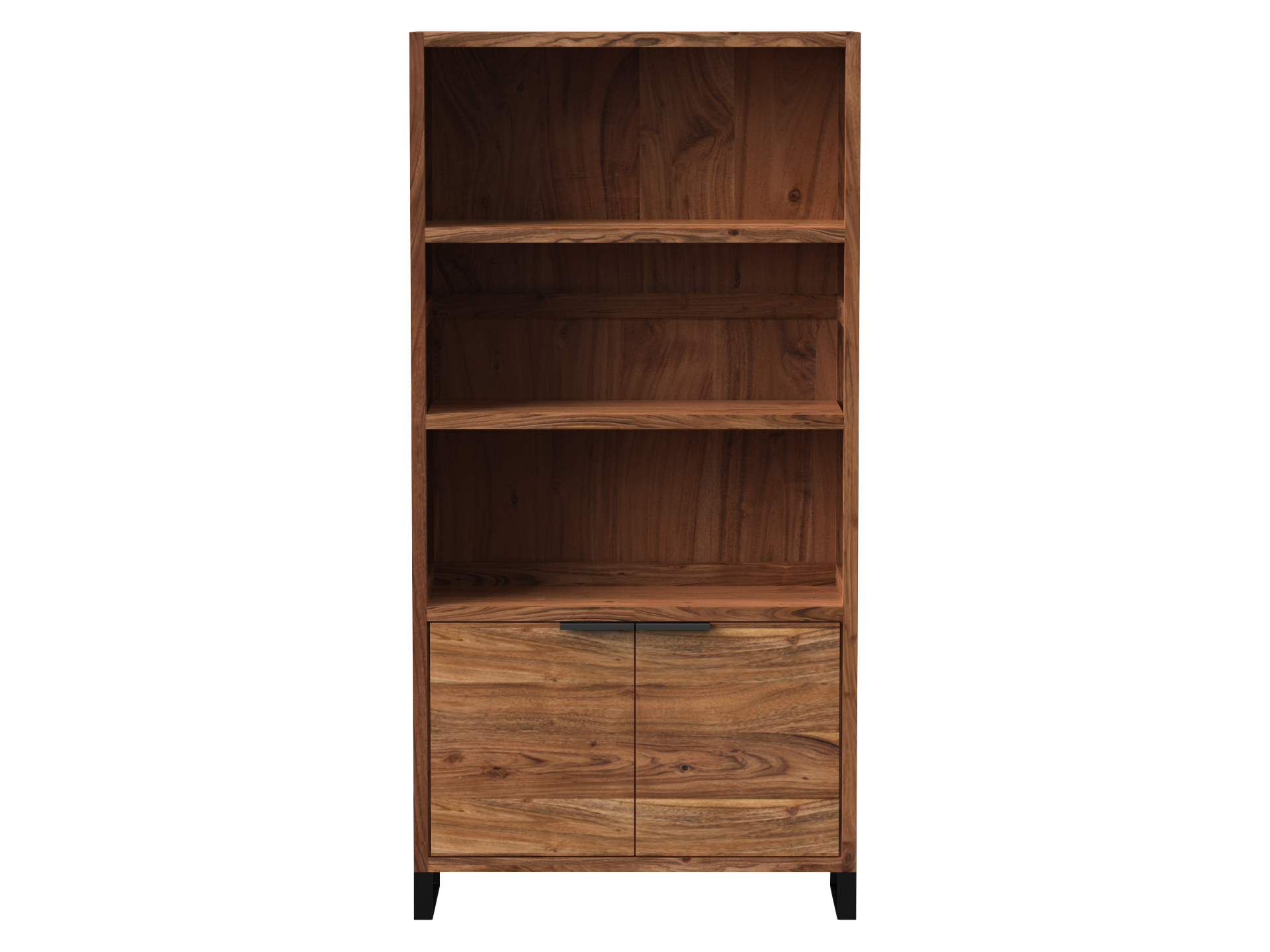 Modernes Massivholz-Bücherregal mit offenen Fächern und warmem Eichen-Finish, elegantes Wohnzimmer-Ambiente, ideal für Bücher und Dekoration