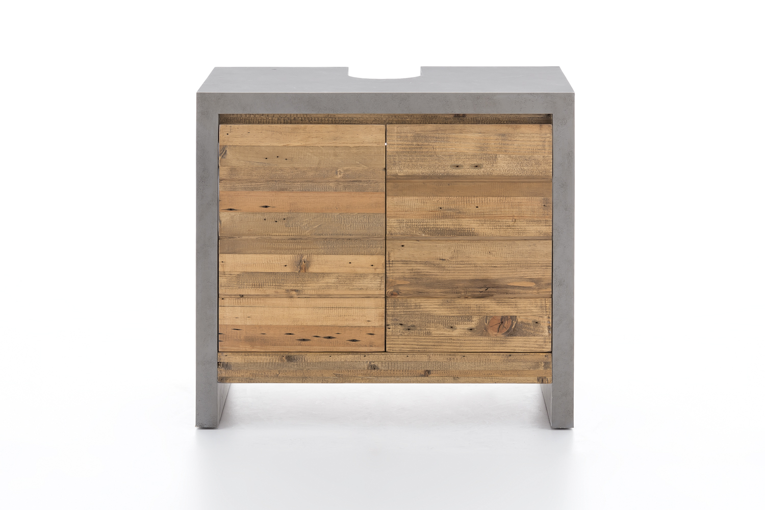 Frontansicht Freisteller: Burnham Badmöbel-Set grau – Waschbeckenunterschrank mit recycelter Pinienholzfront, 2 Türen