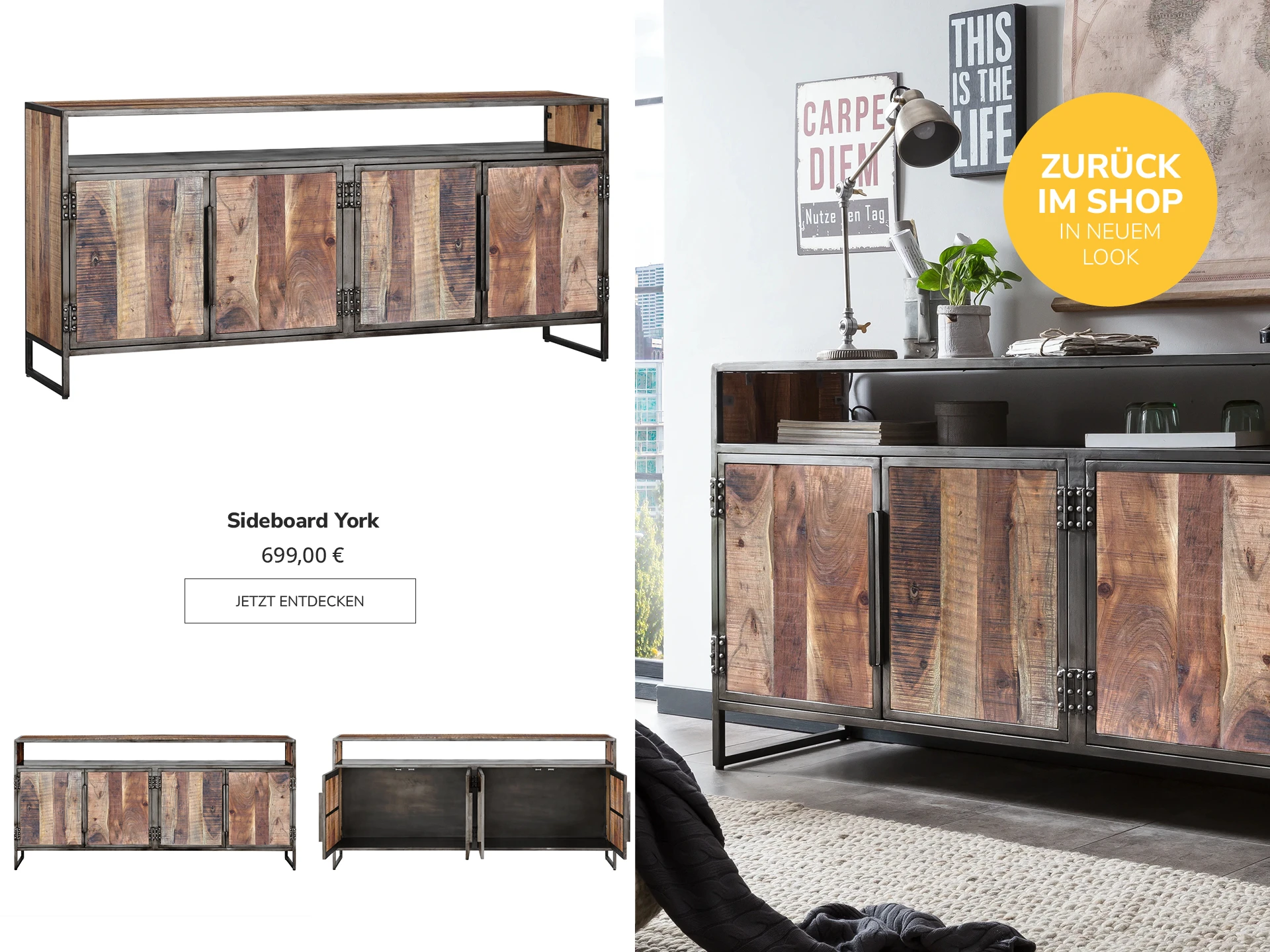 Sideboard "York" von Woodkings – modernes Holz-Sideboard, minimalistisches Design mit Türen auf weißem Hintergrund