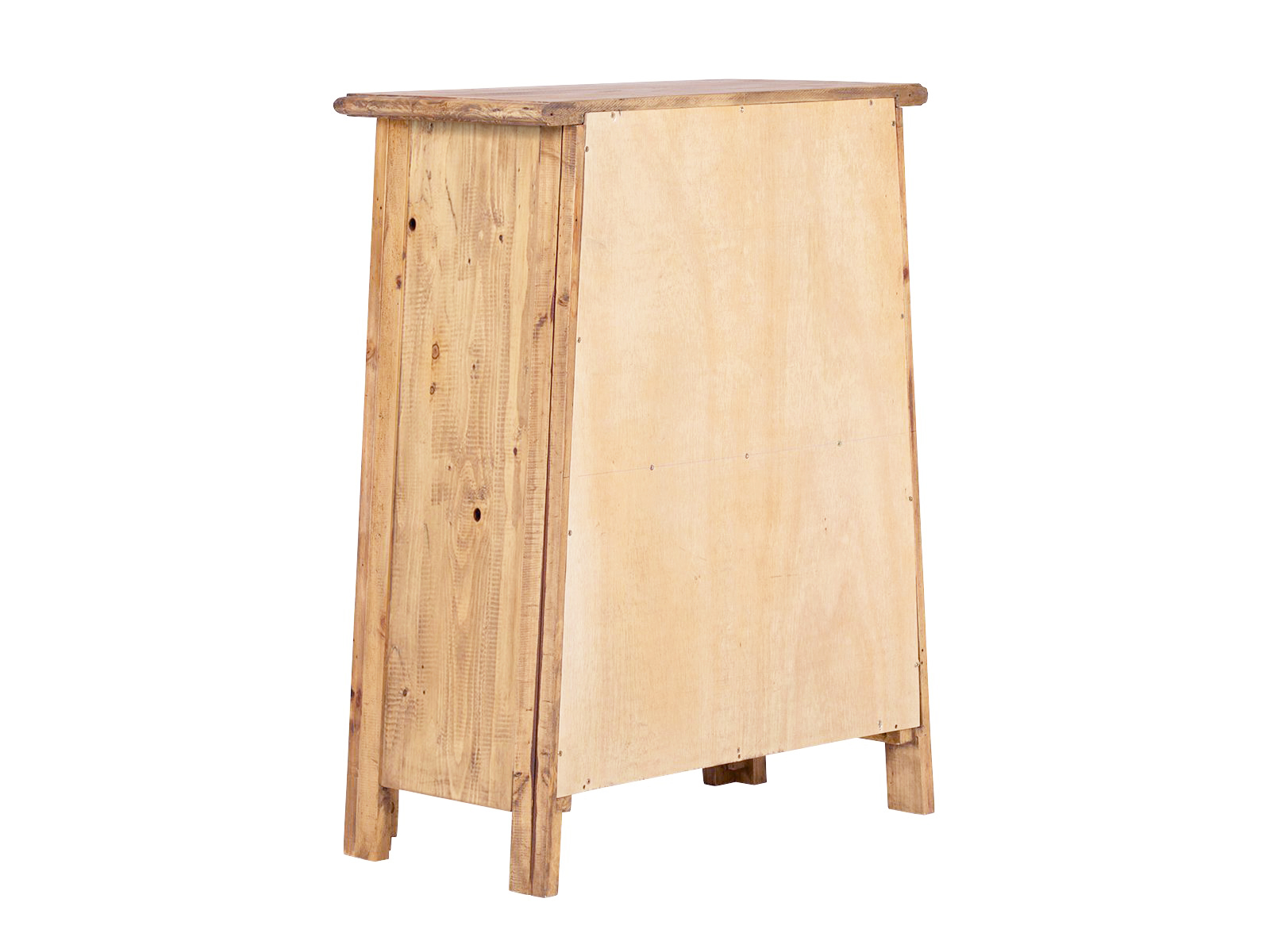 Unterschrank Rangun aus recycelter Pinie, lackiertes braunes Holz, 2 Türen, Freisteller Rückansicht im 45°-Winkel.