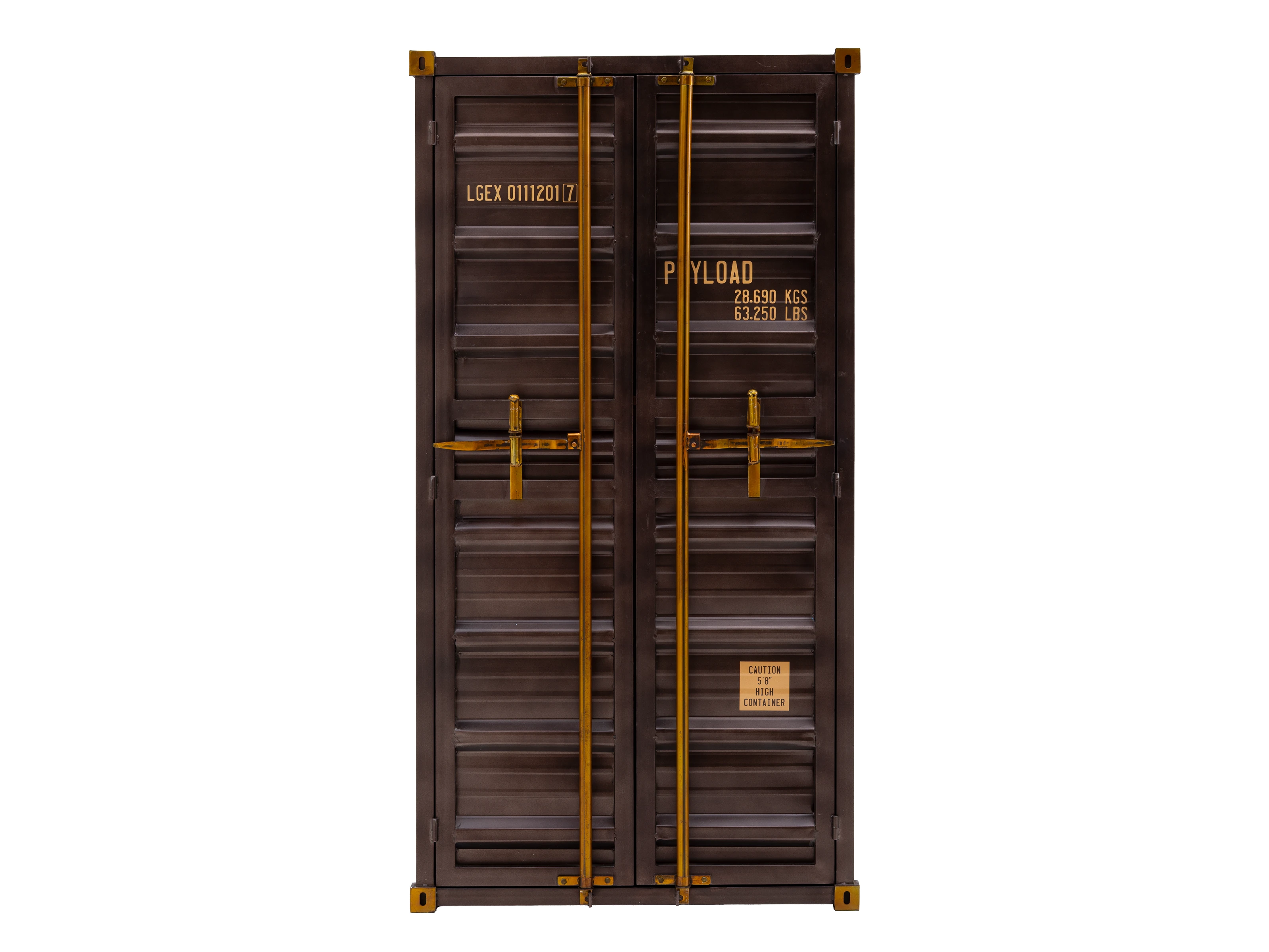 Weinschrank Cargon (Freisteller Frontansicht), brauner Lack-Metall-Holz-Schrank mit 2 Türen, 2 Schubladen, B92×H177×T40 cm.