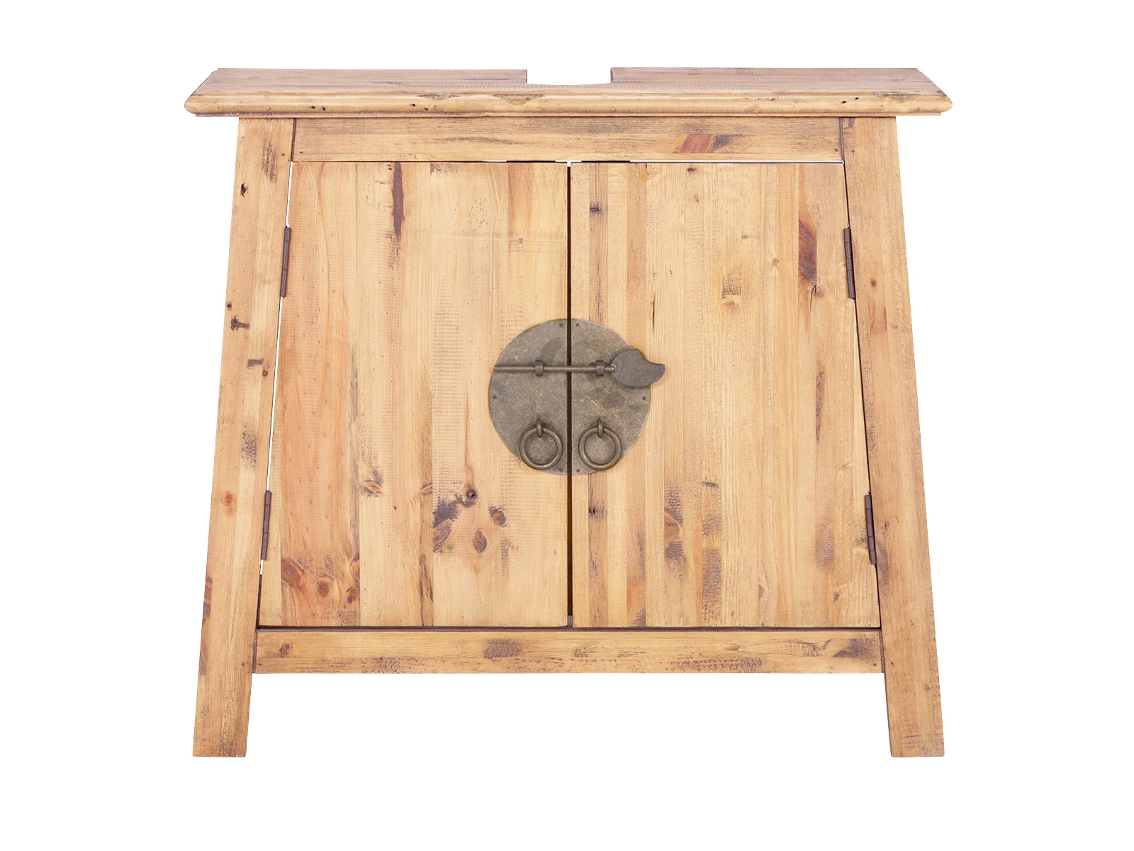 Freisteller-Frontansicht: Waschbeckenunterschrank Rangun, Bad-Unterschrank aus recycelter Pinie (70×61×32?cm) mit 2 Türen
