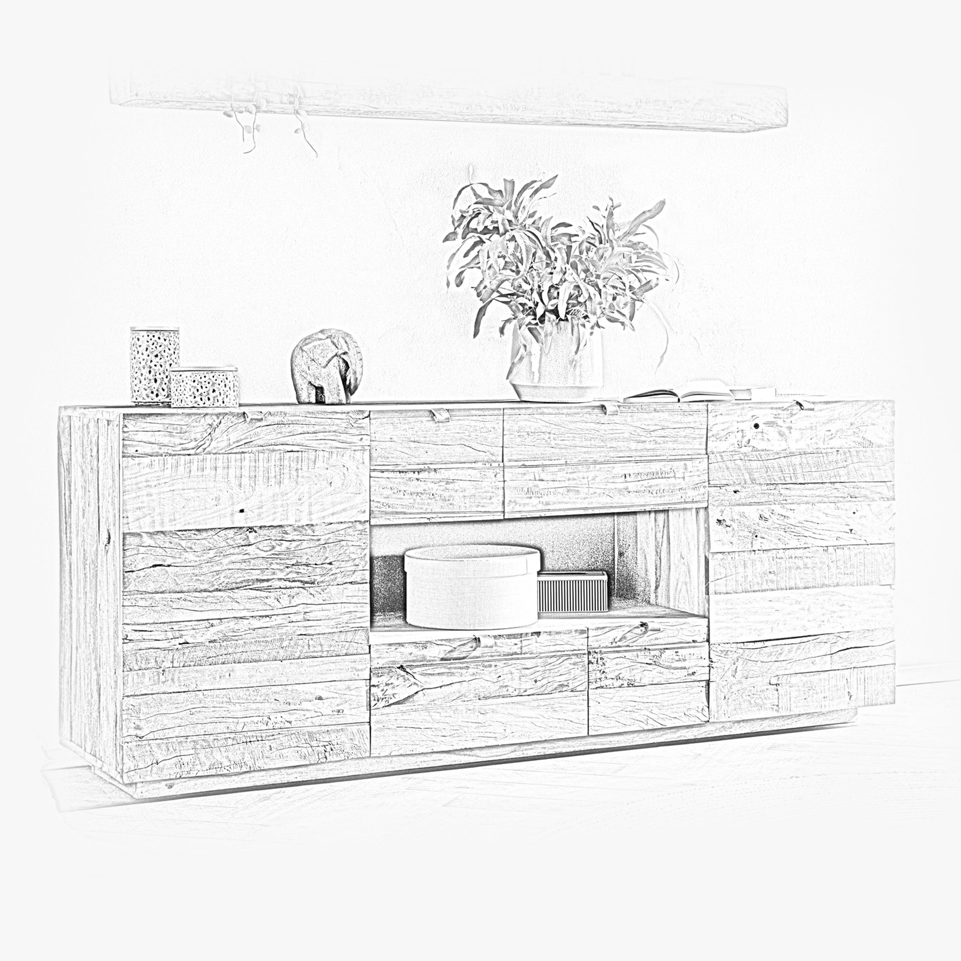 Modernes Wohnzimmer mit Holz-Sideboard, TV-Möbel, Dekoration und Pflanze in hellem, skandinavisch-minimalistischem Ambiente