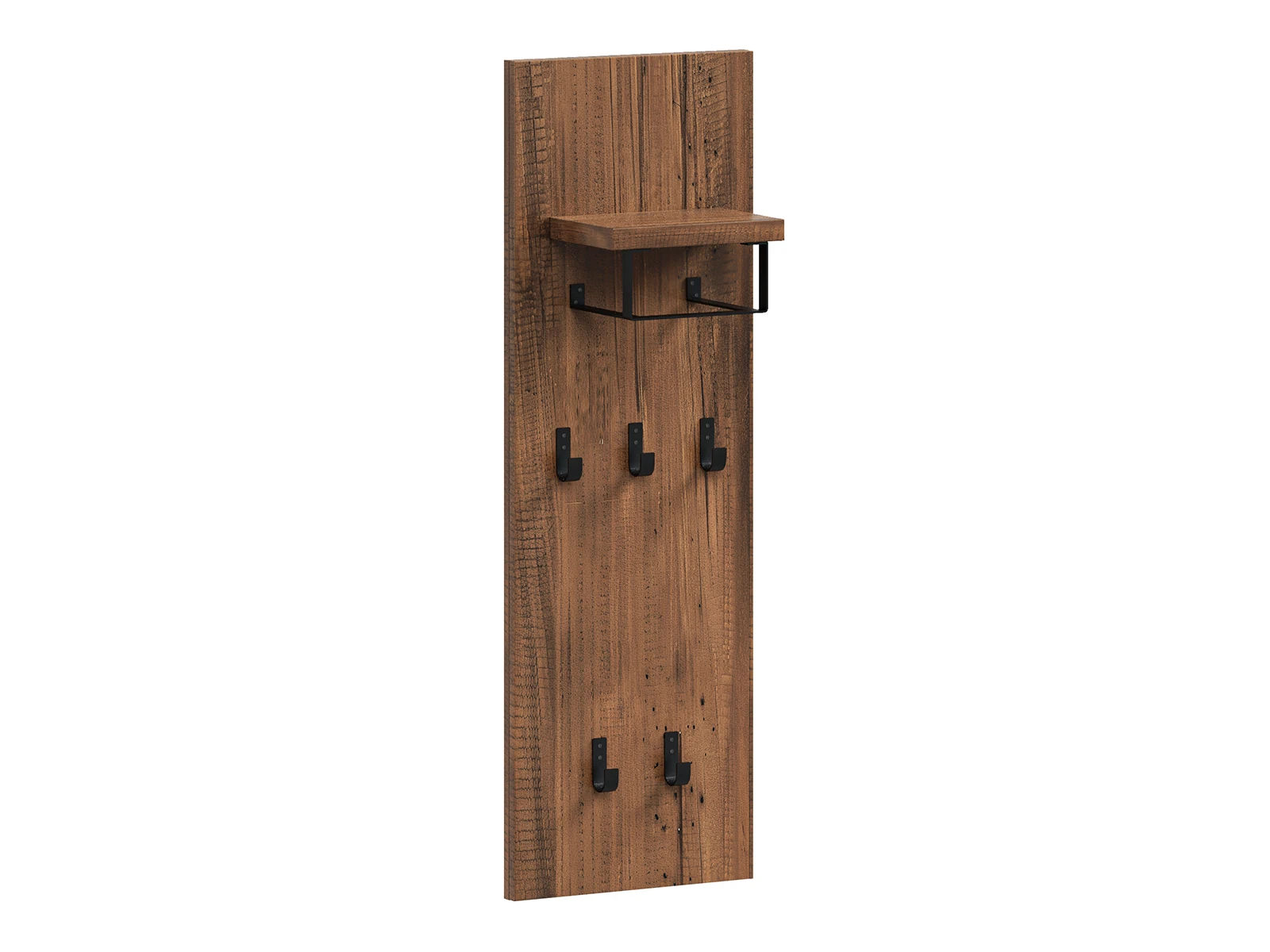 Freisteller 45°-Ansicht Wandgarderobe Sydney Pinie, 35×107×20 cm, braunes lackiertes Pinienholz mit Ablage und 5 Haken