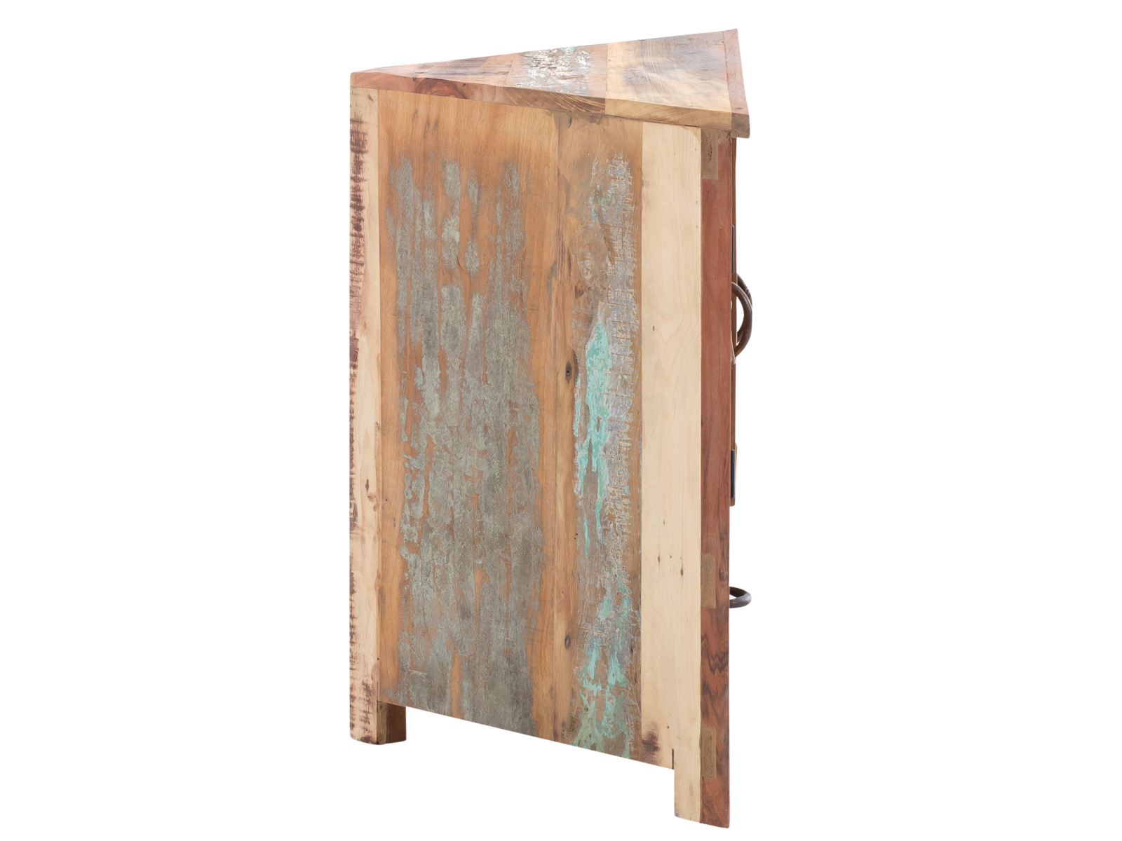 Eckwaschtisch Sumana Freisteller 45°-Ansicht, lackiertes Recycelholz, 2 Türen, 1 Schublade, 2 offene Fächer, 87×75×43 cm