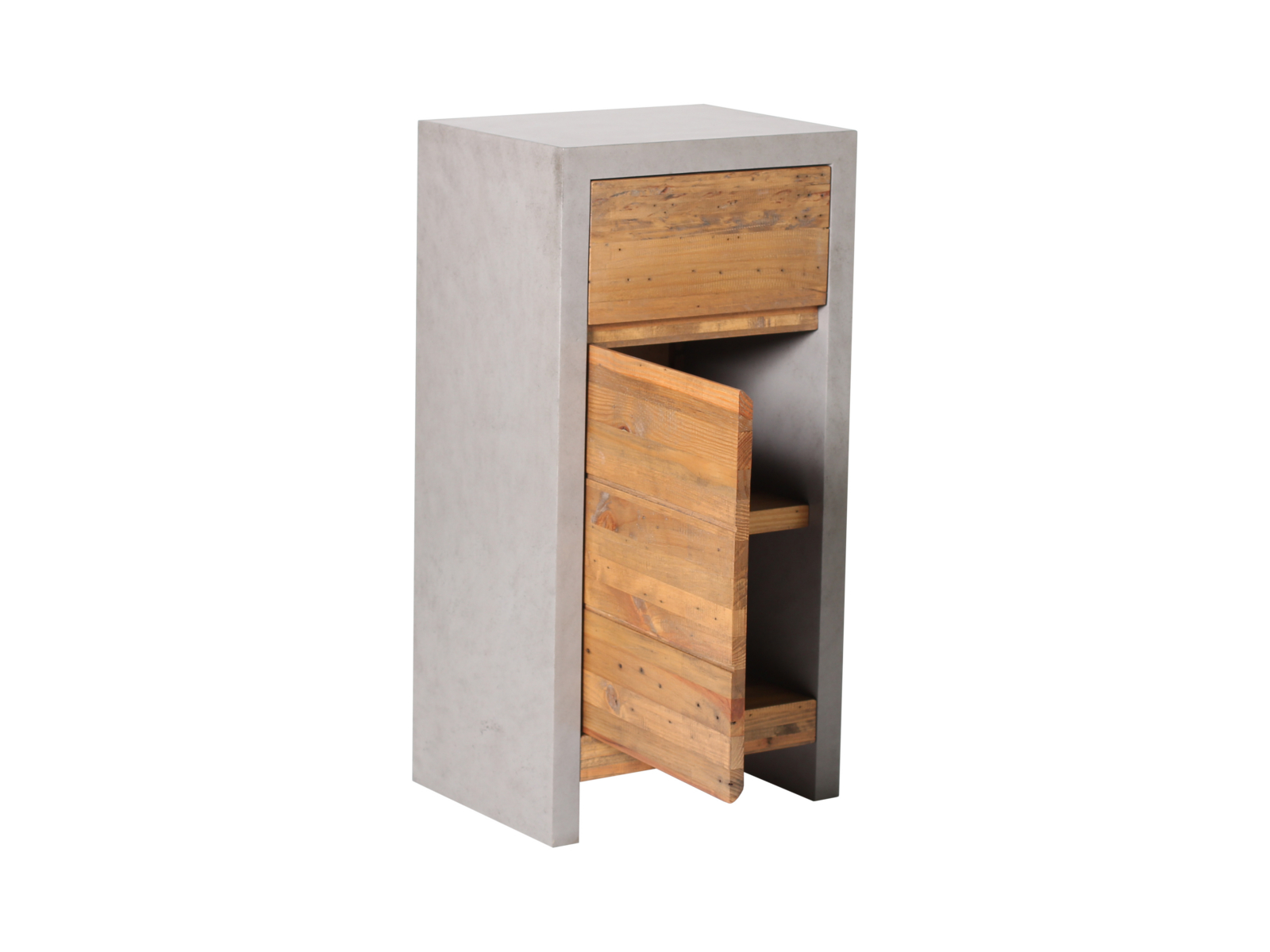 Freisteller Bad-Unterschrank Burnham, Frontansicht mit geöffneter Tür & Schublade, recycelte Pinie/MDF, grau, 45×89×35 cm