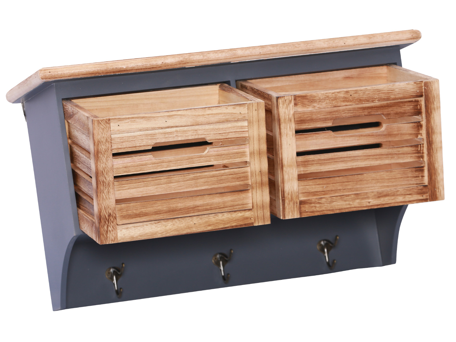 Wandregal Kansas II grau (63×36×24 cm), Paulownia/MDF, 45°-Ansicht Freisteller mit zwei Holzschubkästen und drei Haken