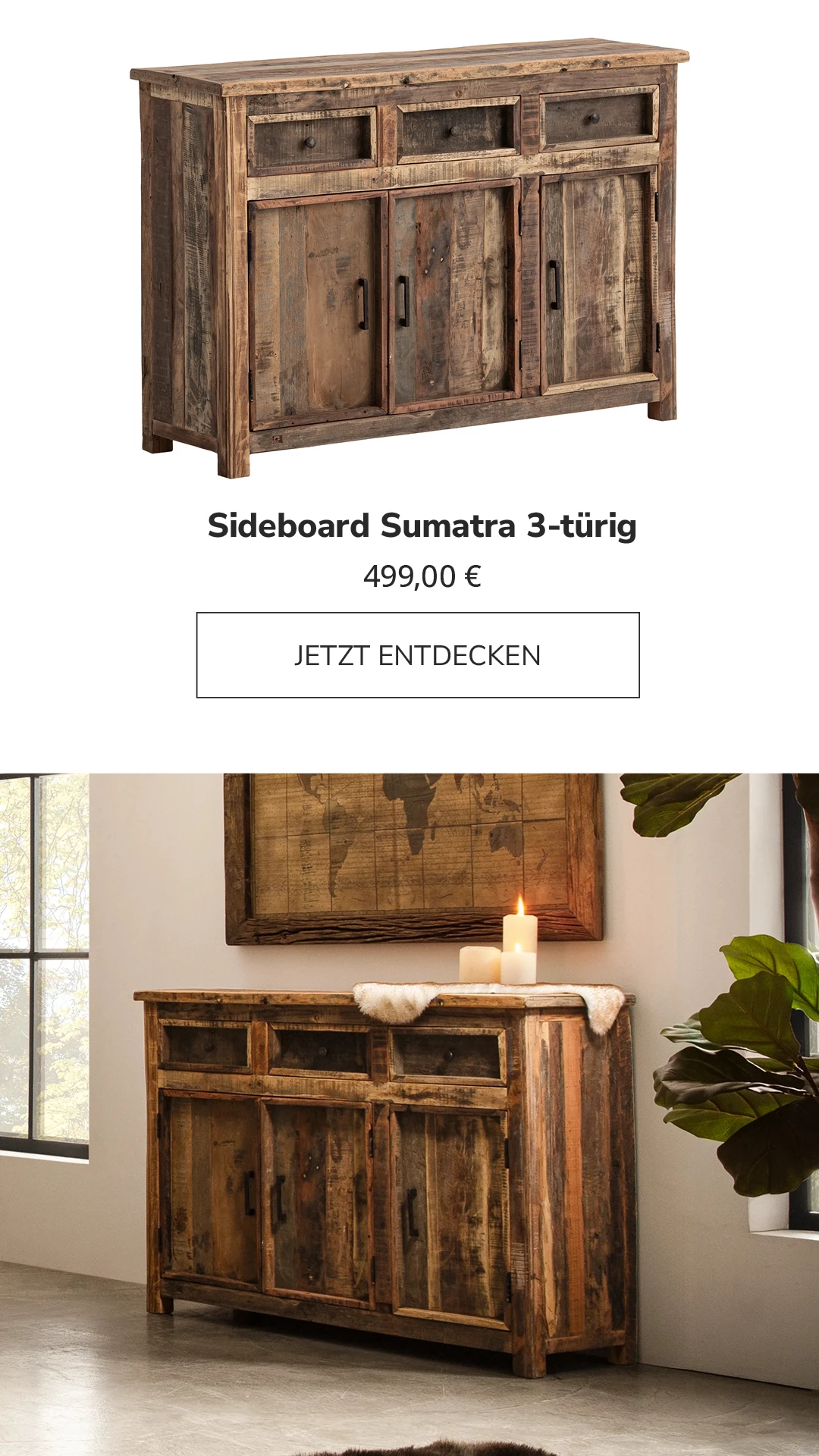 Sideboard 'Sumatra' dreitüriges Holz-Sideboard mit natürlicher Holzmaserung, modernes Wohnzimmermöbel auf schlanken Füßen