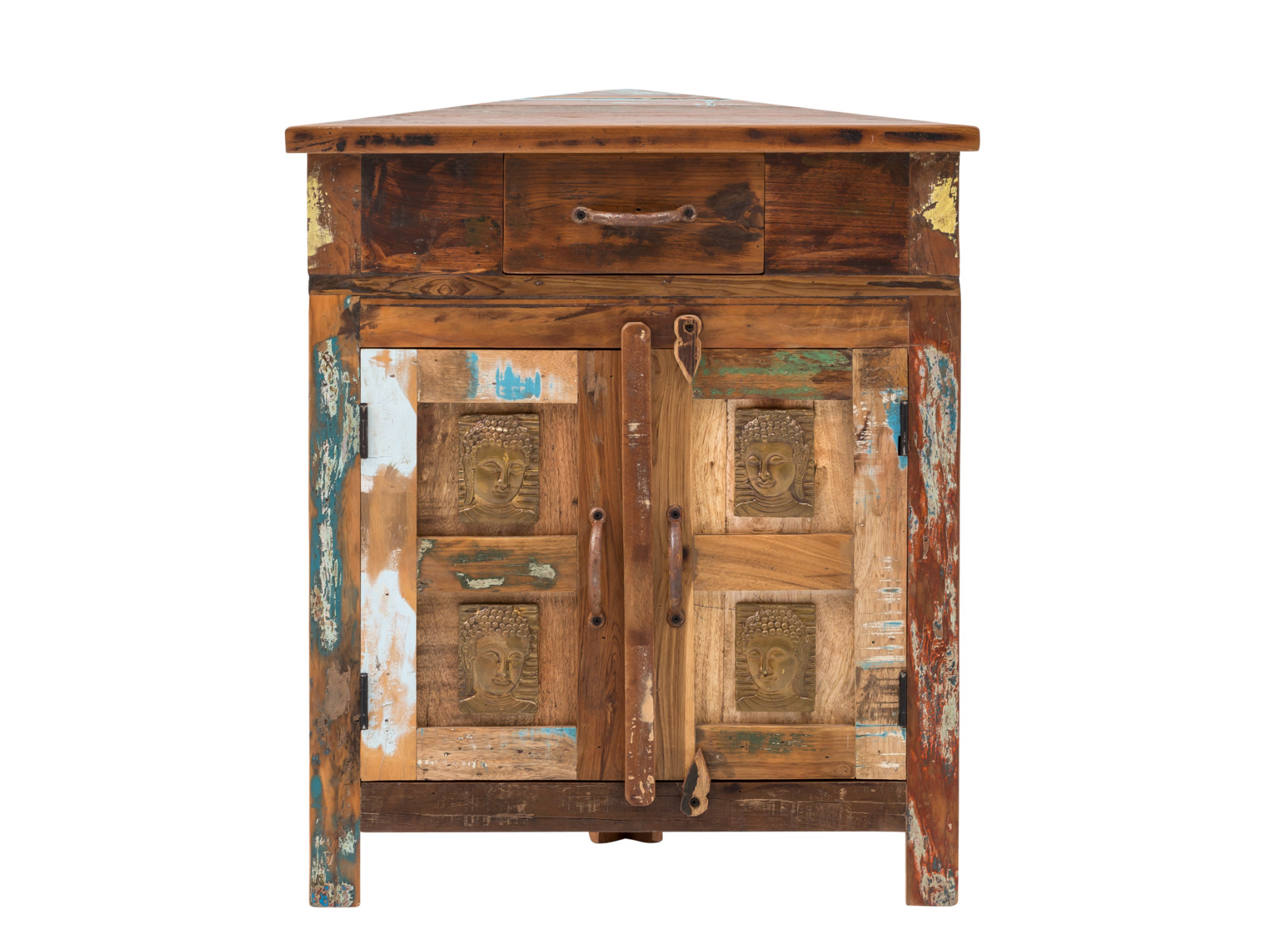 Freisteller-Frontansicht: Eckunterschrank Sumana (64×74×32 cm), braunes recyceltes Hartholz, lackiert, 2 Türen, 1 Schublade