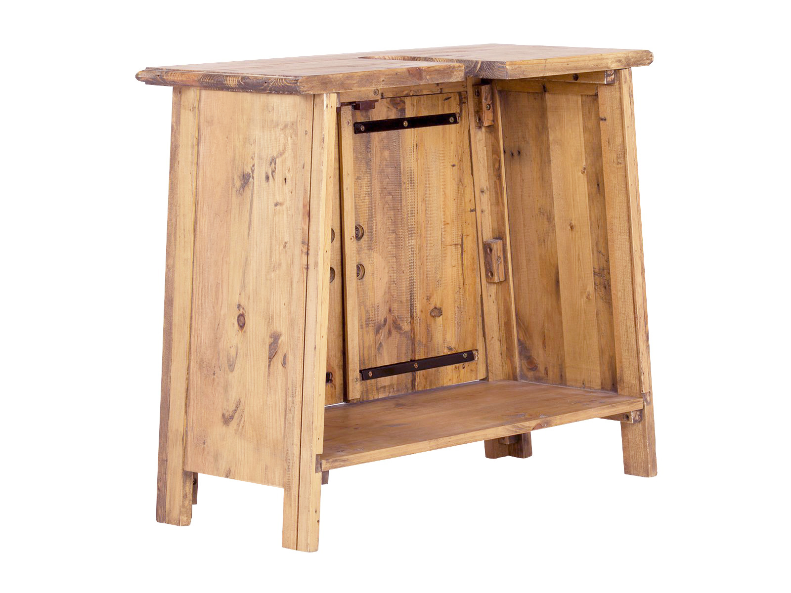 Freisteller: Waschbeckenunterschrank Rangun Frontansicht geöffnet, 70×61×32 cm lackierte Pinie braun, 2 Türen, offenes Fach