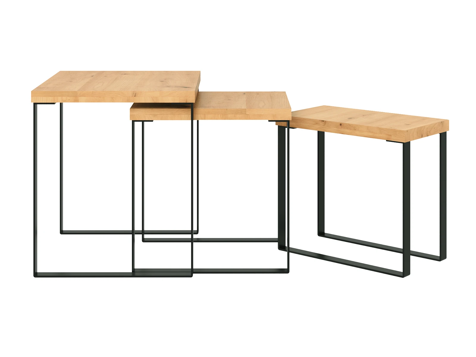 Freisteller, 45° Ansicht: 3er-Set Couchtisch „Sydney“ aus geölter Wildeiche (B46×H48×T42?cm) auf schwarzem Metallgestell.
