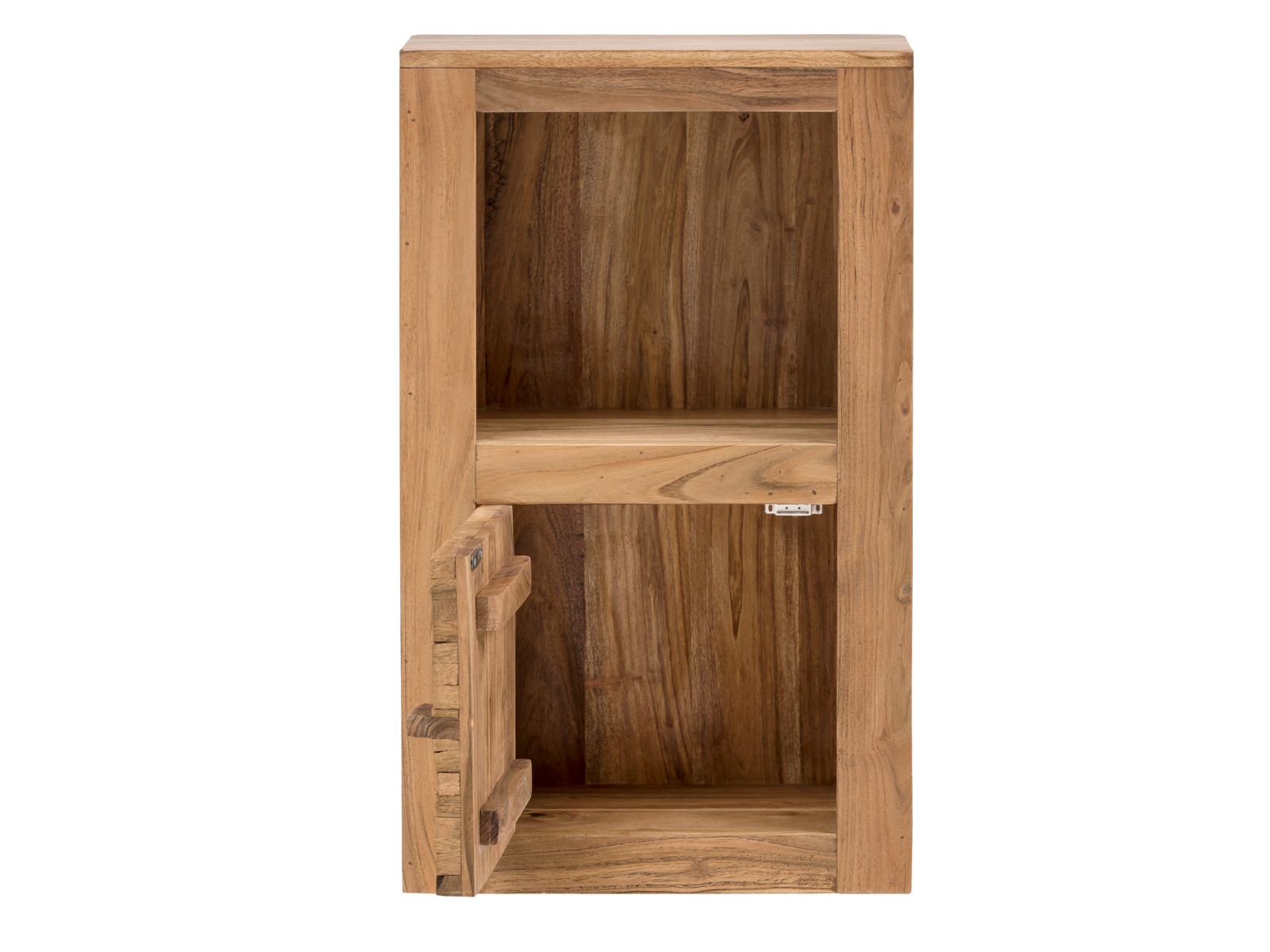 Hängeschrank Matay, Frontansicht geöffnet: lackierter Akazienholz-Wandschrank natur 42×70×25 cm · 1 Tür links & offenem Fach