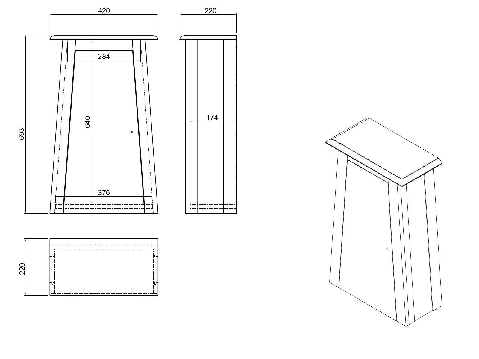 Hängeschrank Rangun Freisteller 45°-Ansicht, lackierte recycelte Pinie, B42×H70×T22 cm, 1 Tür links, Front- und Seitenzeichnung