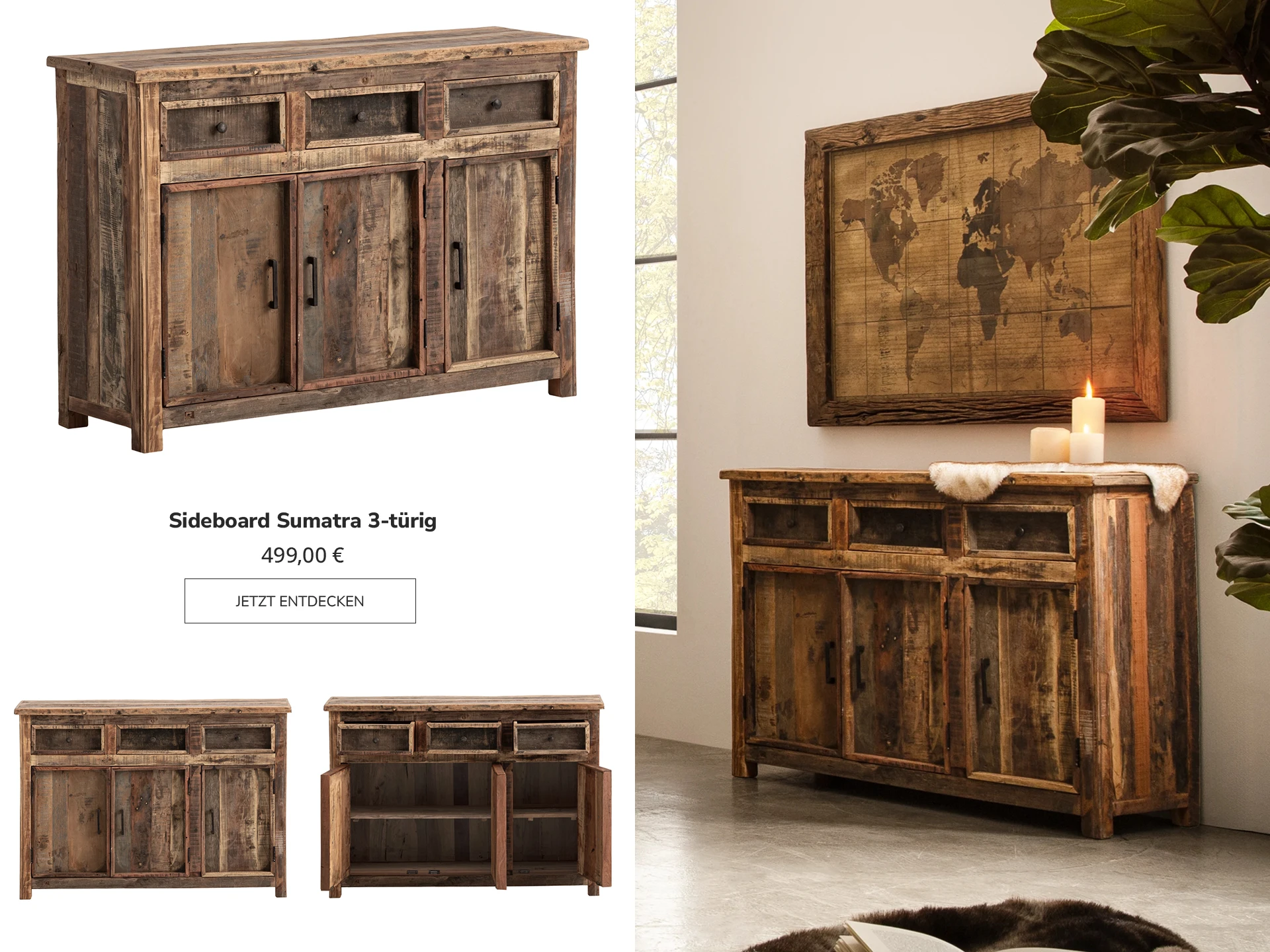 Modernes Sideboard Sumatra, 3-türig, warmes Massivholz, klare Front, minimalistisches Design, freigestellte Produktaufnahme.