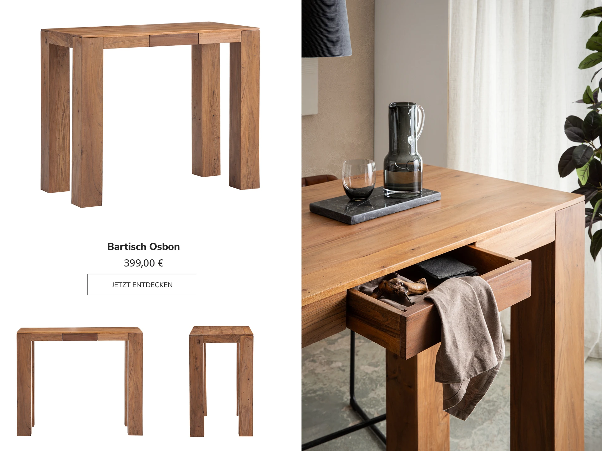 Bartisch Osbon, hoher Massivholz-Bartisch im Industrie-Look mit warmer Holzoberfläche und dunklem Metallgestell