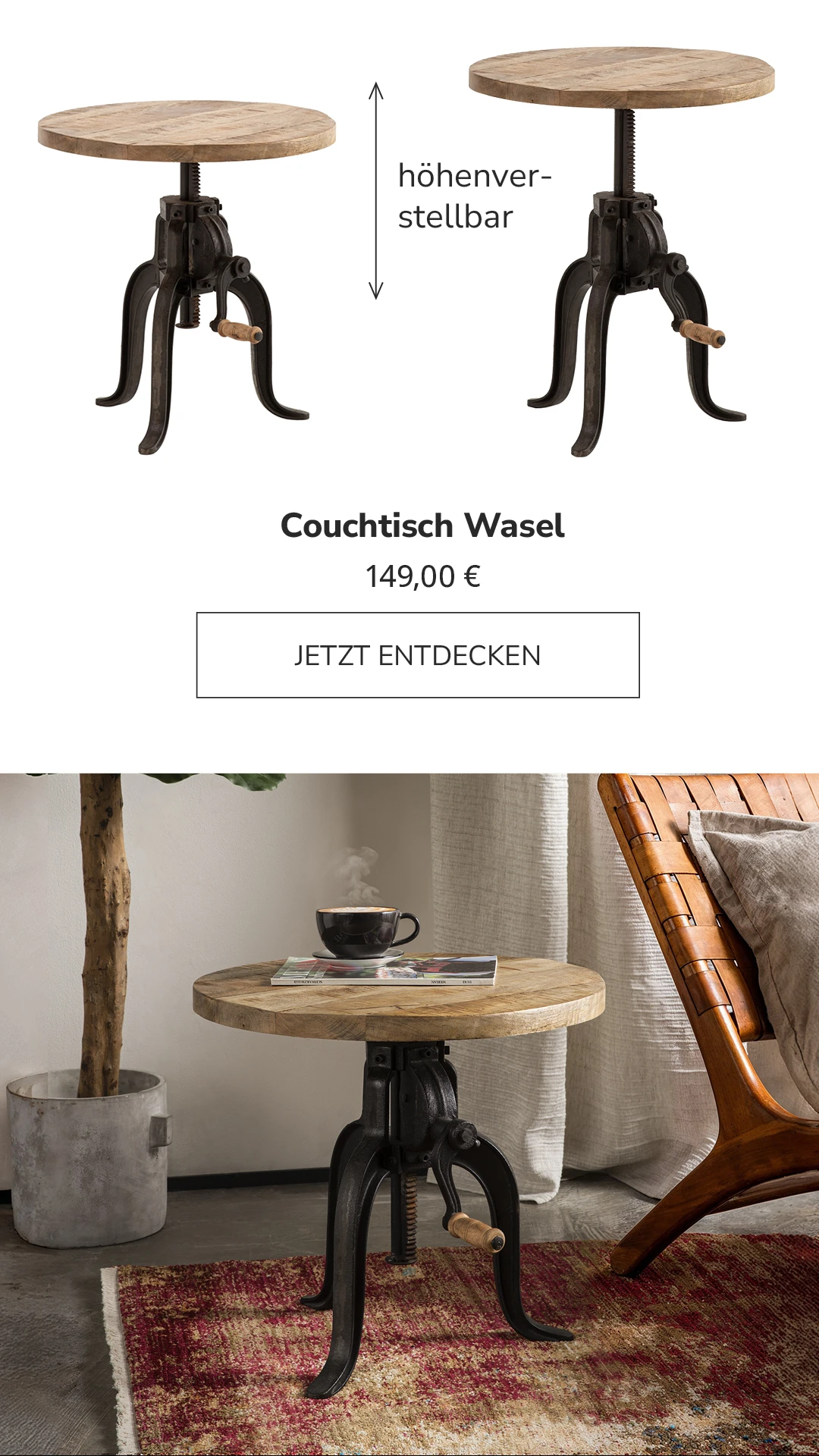 Moderner Couchtisch 'Wasel' aus hochwertigem Holz mit sichtbarer Maserung und klarer Form für zeitloses Wohnzimmer-Design.