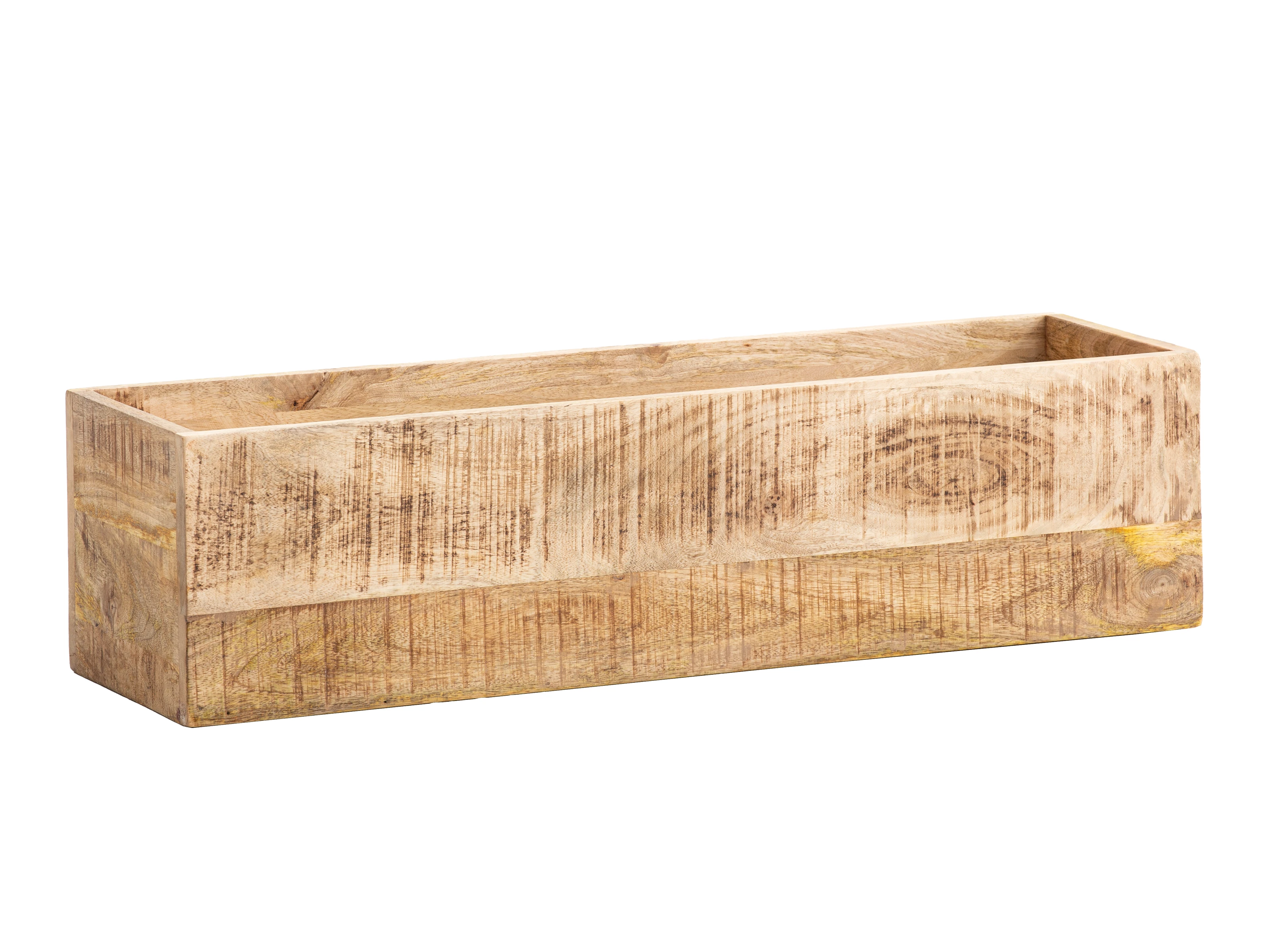 Freisteller-Frontansicht eines rechteckigen, lackierten Mangoholz-Blumenkastens als Wanddeko (170×22×25 cm) mit offenem Fach for Pflanzdekoration.