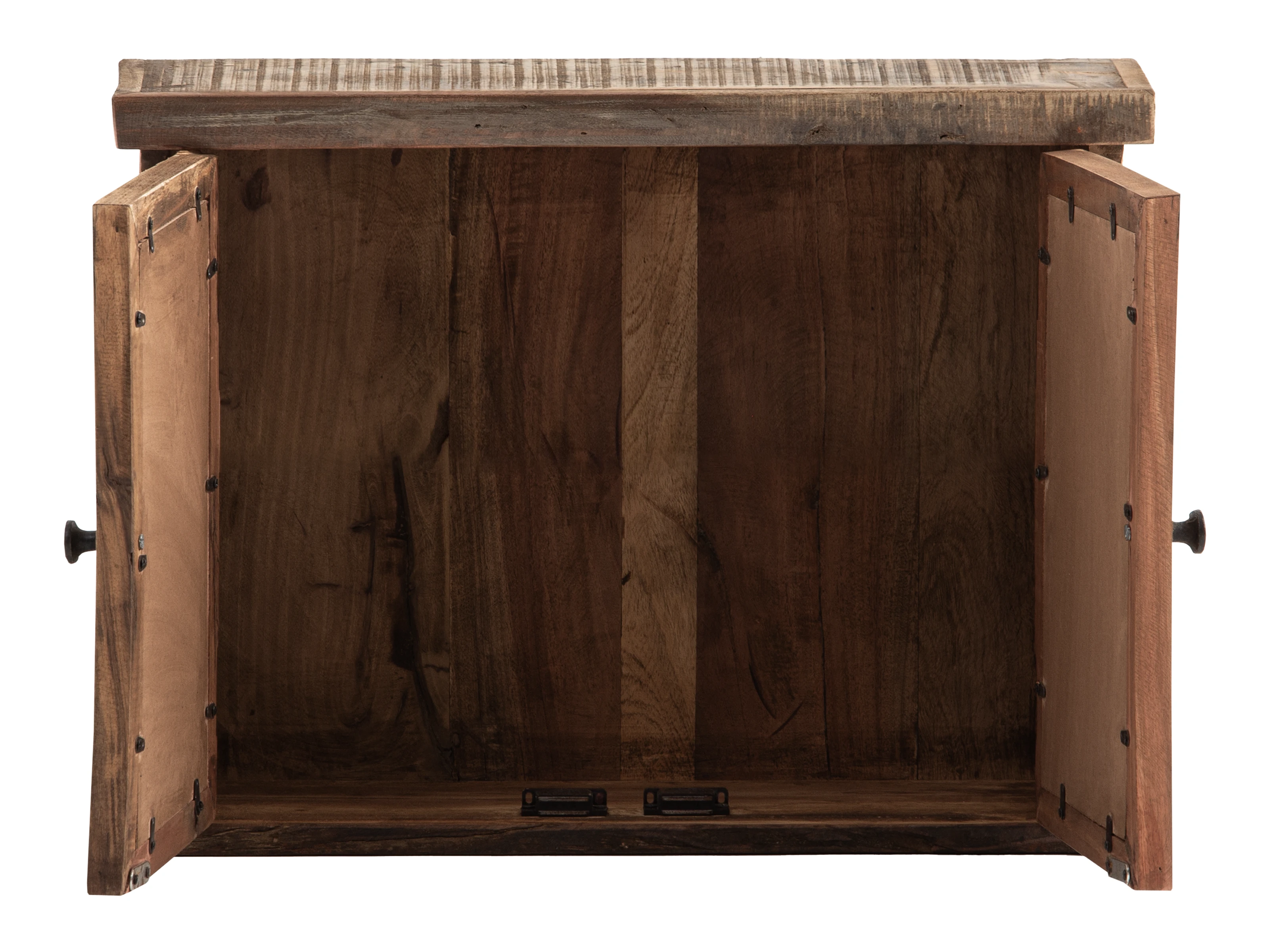 Frontansicht geöffneter Spiegelschrank Sumatra aus unbehandeltem Altholz (60×45×20 cm) mit zwei Türen und offenem Fach