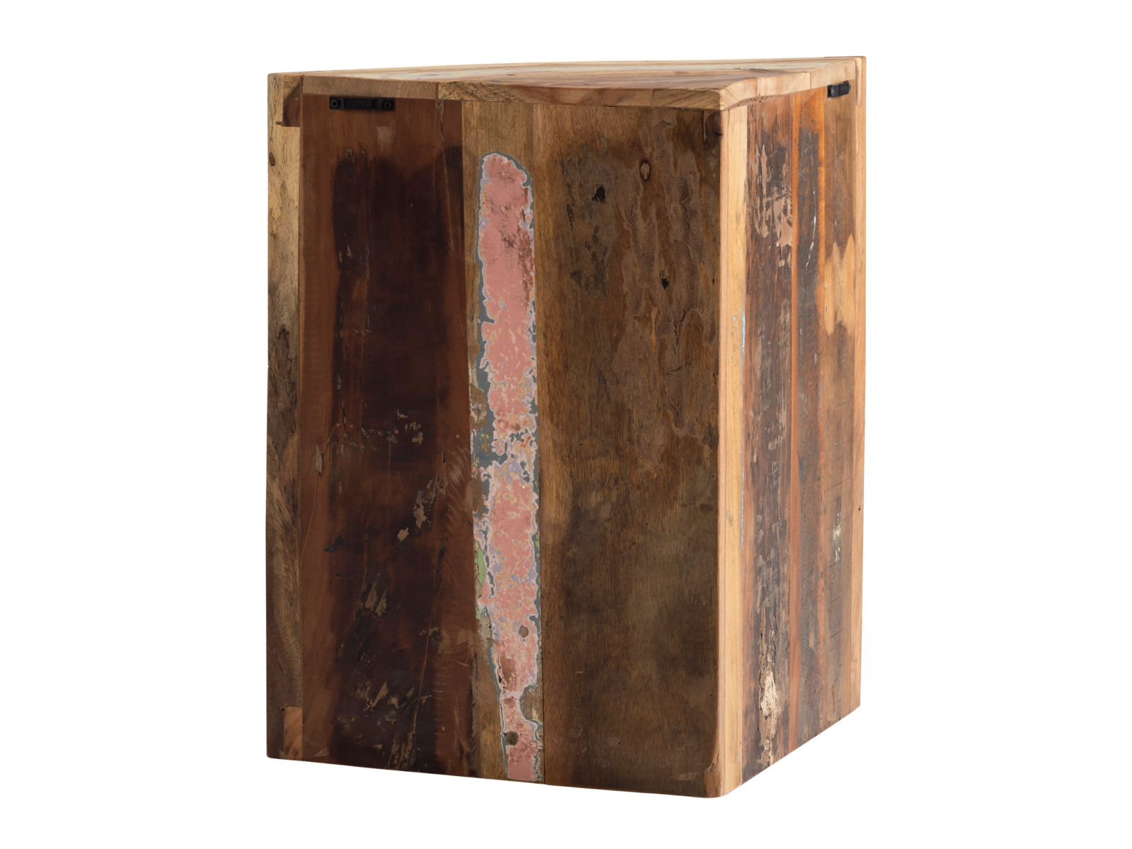 Detailansicht freistehendes Badmöbel-Modul Sumana III aus recyceltem Hartholz, lackierte Oberfläche, freigestellt in 45°-Ansicht.