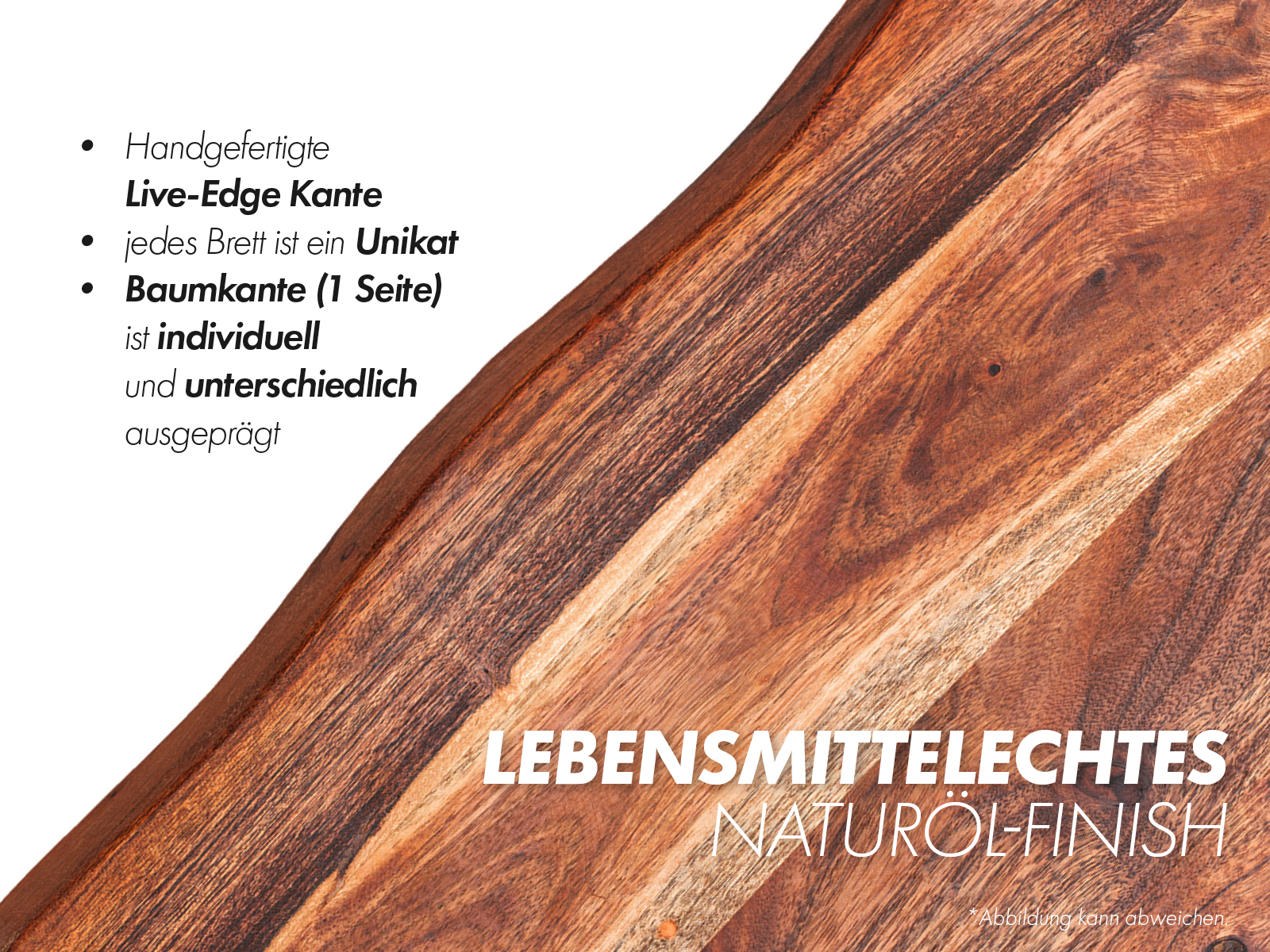 Detailansicht geöltes Schneidebrett 38×30×3 cm aus Akazienholz mit Live-Edge-Baumkante und Naturöl-Finish