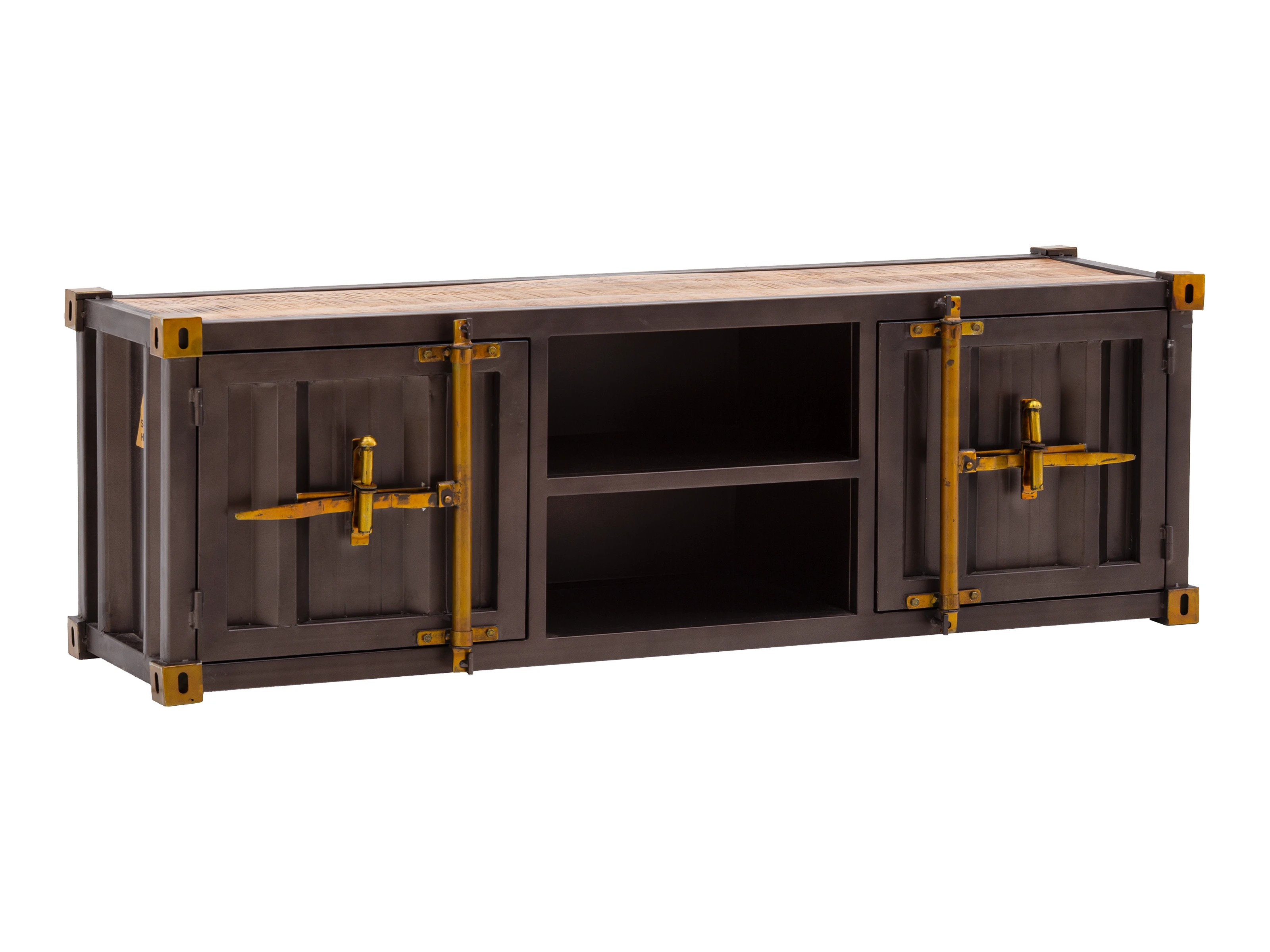 TV-Bank Cargon Freisteller Frontansicht: braune Mangoholz-Metall TV-Bank mit 2 Türen, 2 offenen Fächern, lackiert.