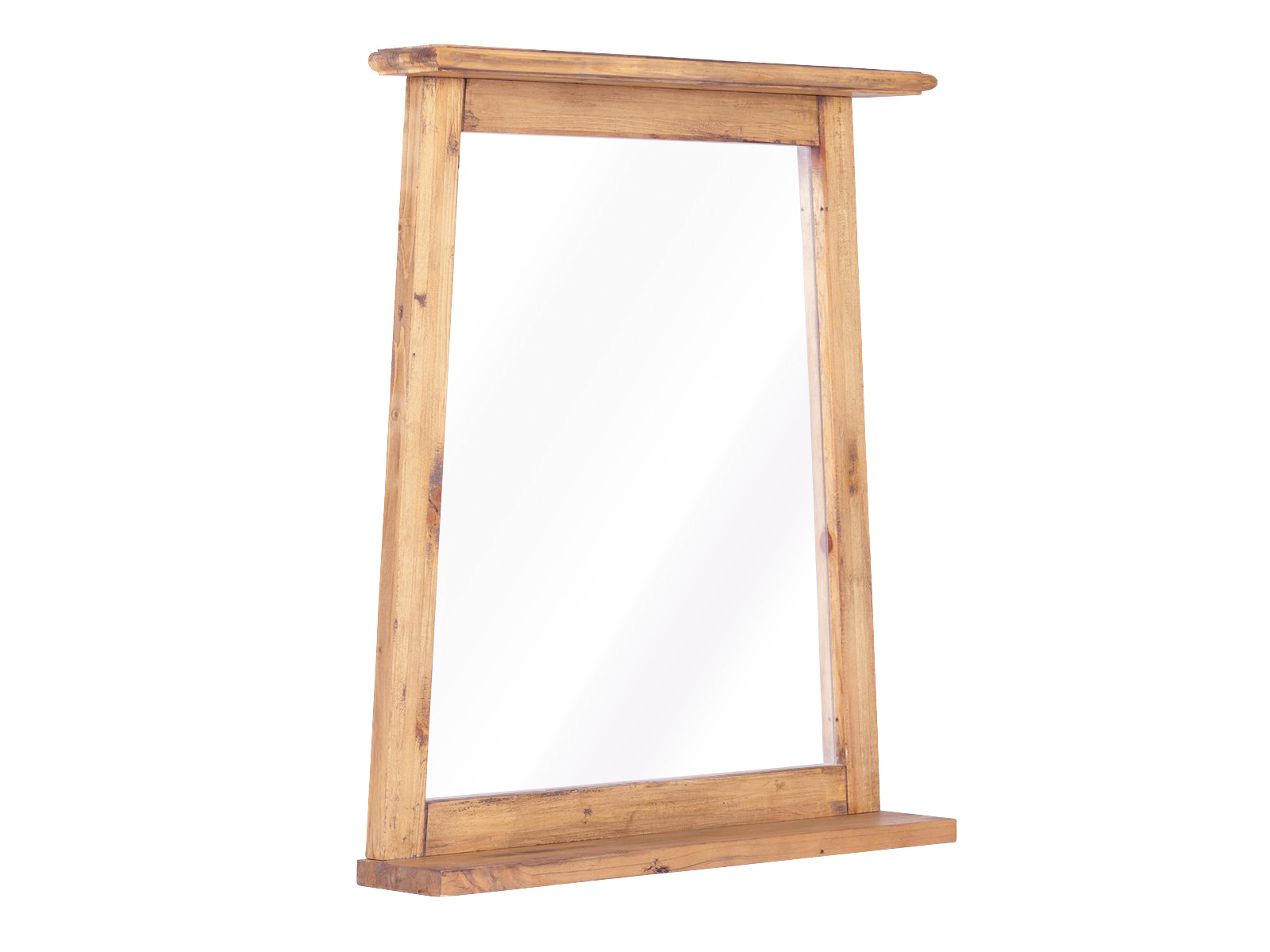 Freisteller-Frontansicht eines Badspiegels „Rangun“ aus recycelter, lackierter Pinie (braun) mit Ablage oben und unten.