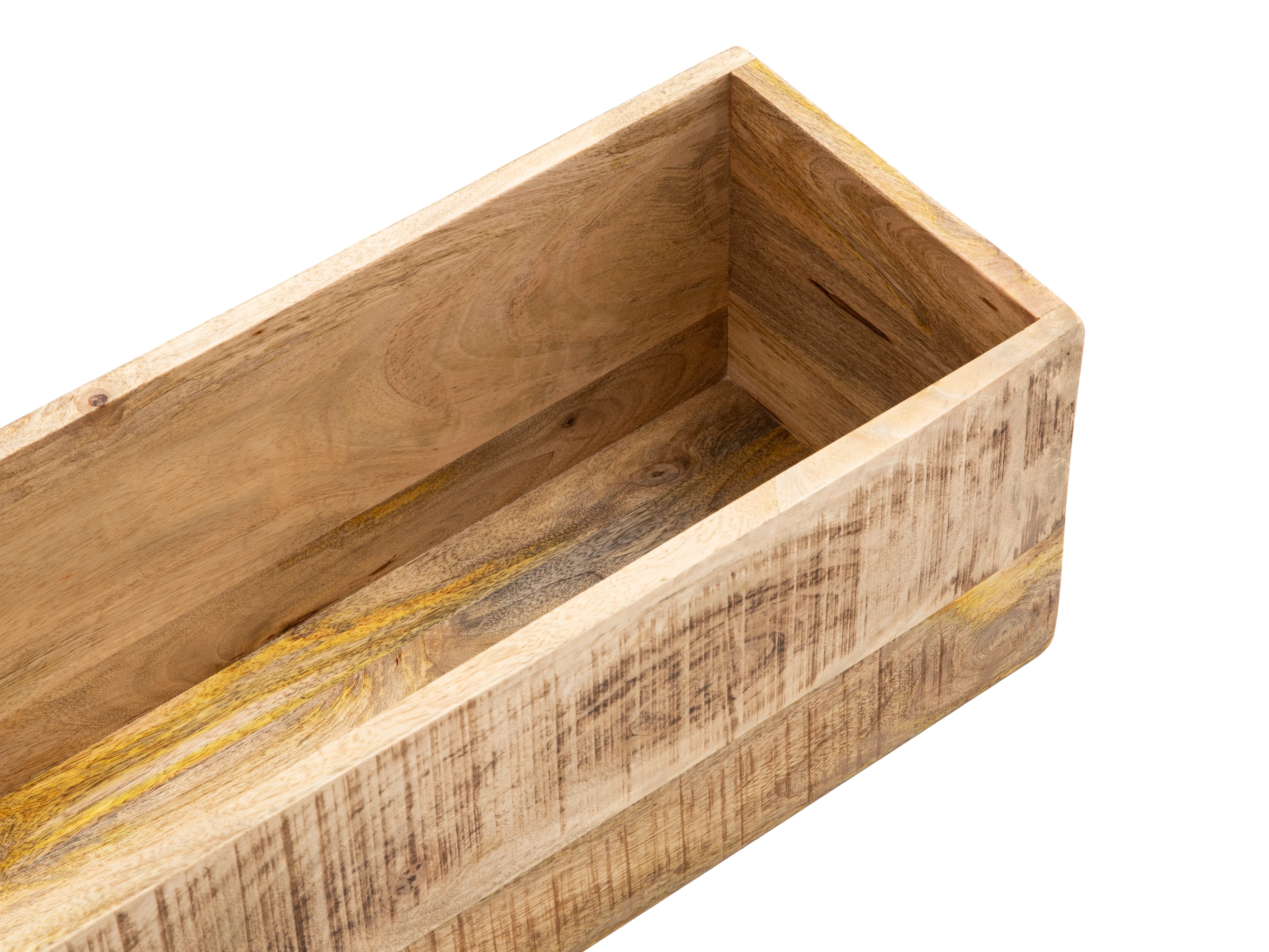 Freigestellter 45°-Blick auf rechteckigen, lackierten Mango-Holz-Blumenkasten (Wanddeko 2er Set) mit offenem Innenfach