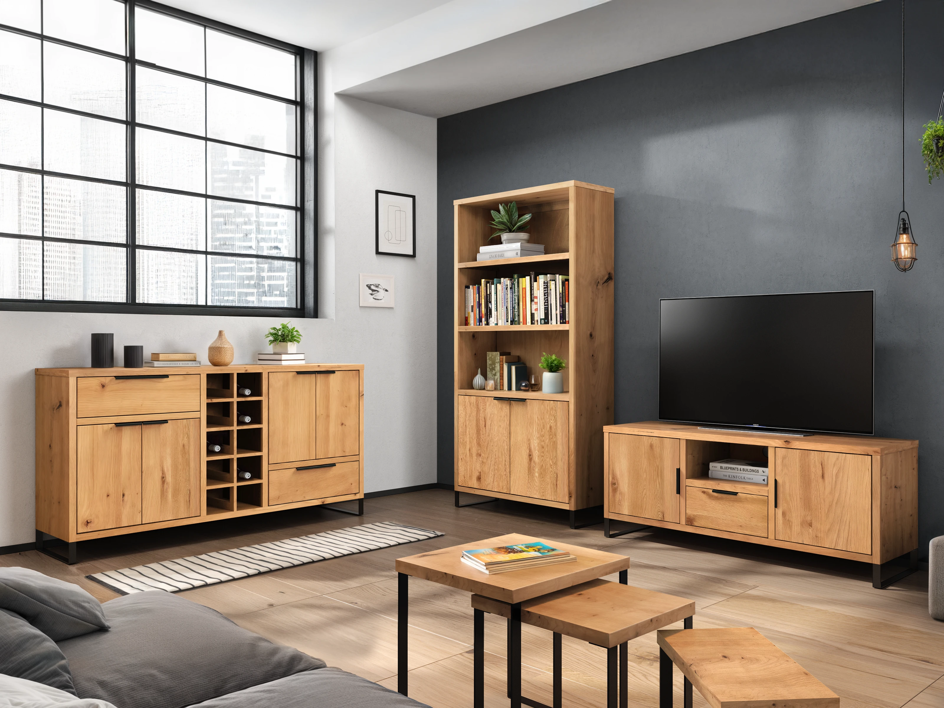 Wohnwand 3tlg. Sydney Wildeiche, geöltes braunes Eichenholz, Raumansicht 45° mit Sideboard, Hochregal und TV-Lowboard