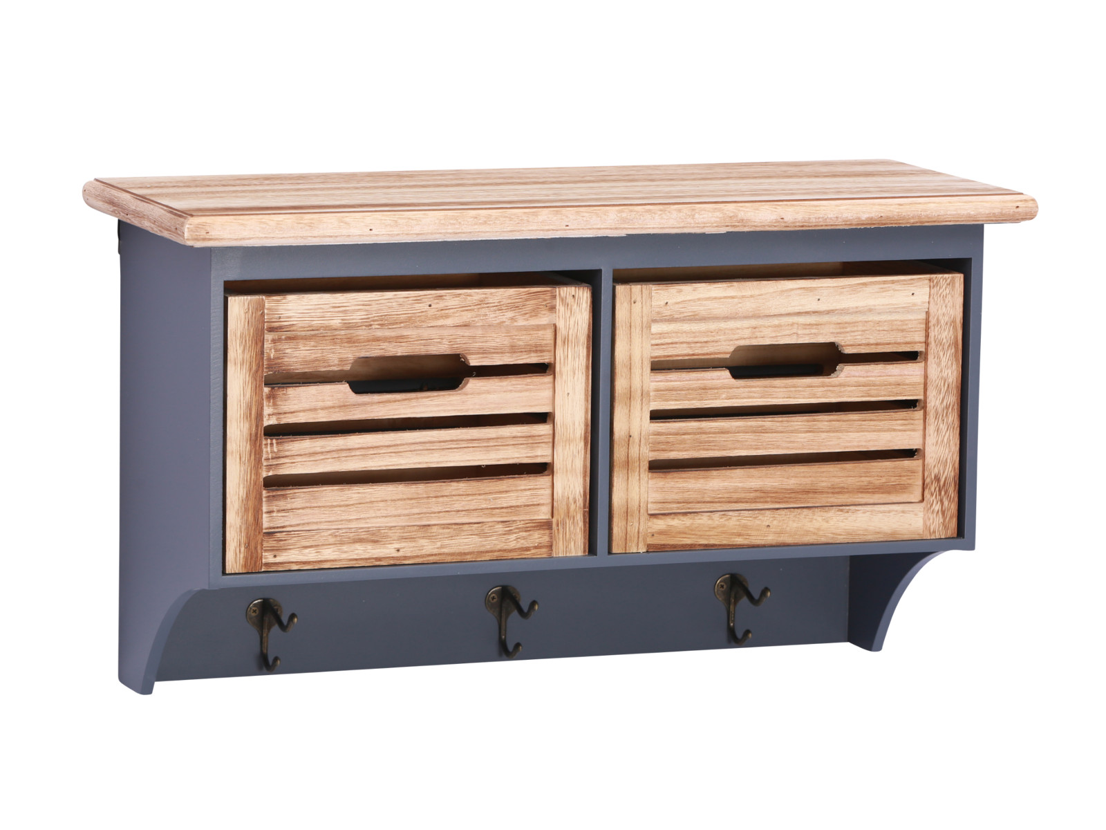 Wandregal Kansas II Grau, Freisteller 45°-Ansicht, 2 Paulownia/MDF-Kisten, lackiert, 63×36×24 cm, mit 3 Haken