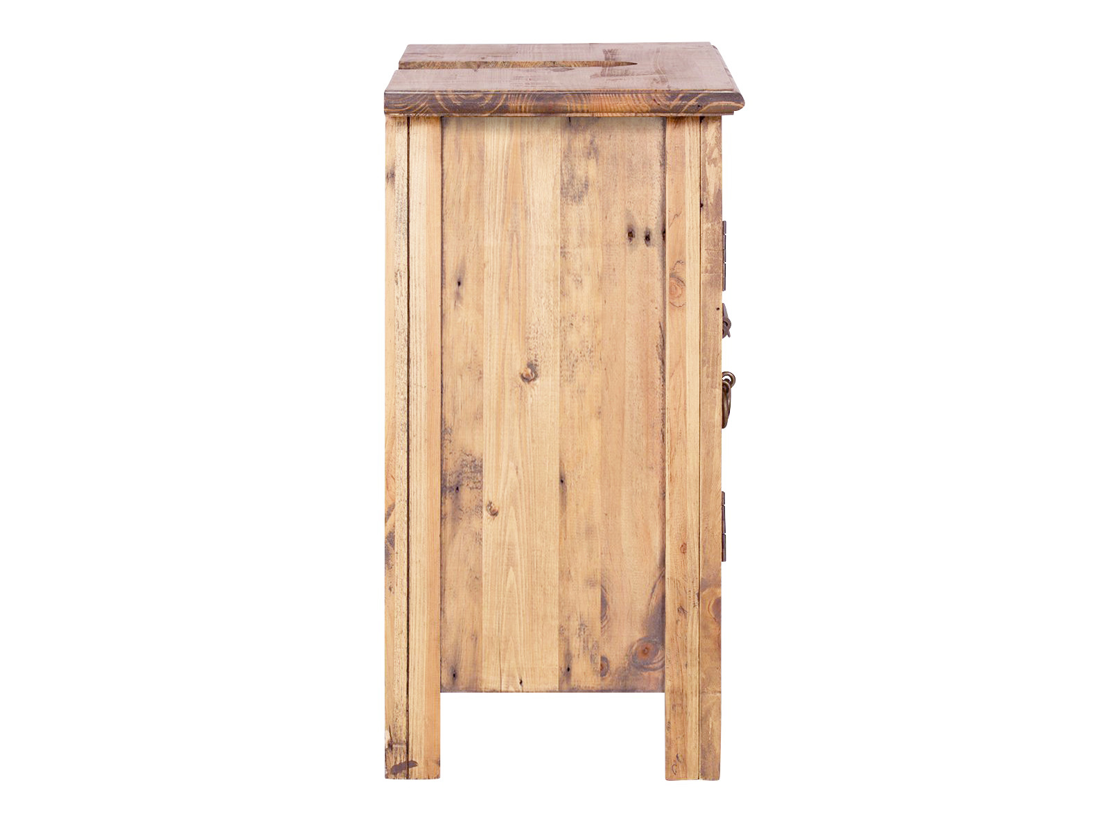 Waschbeckenunterschrank Rangun aus recycelter Pinie, braun, Freisteller Seitenansicht, Breite 70 cm, Höhe 61 cm, Tiefe 32 cm