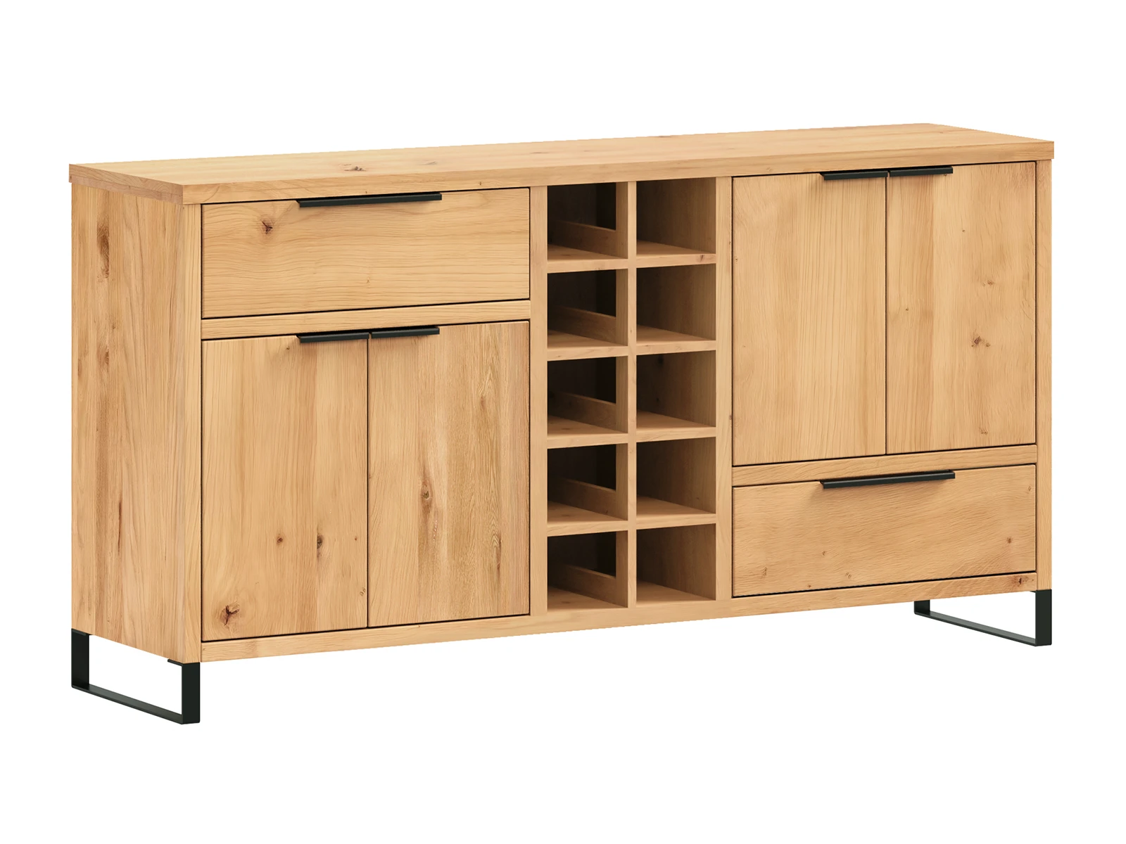 Freisteller 45°-Ansicht Wohnwand 3tlg. Sydney Wildeiche Sideboard, geölte Wildeiche, braun, mit Weinregal, Schubladen & Türen
