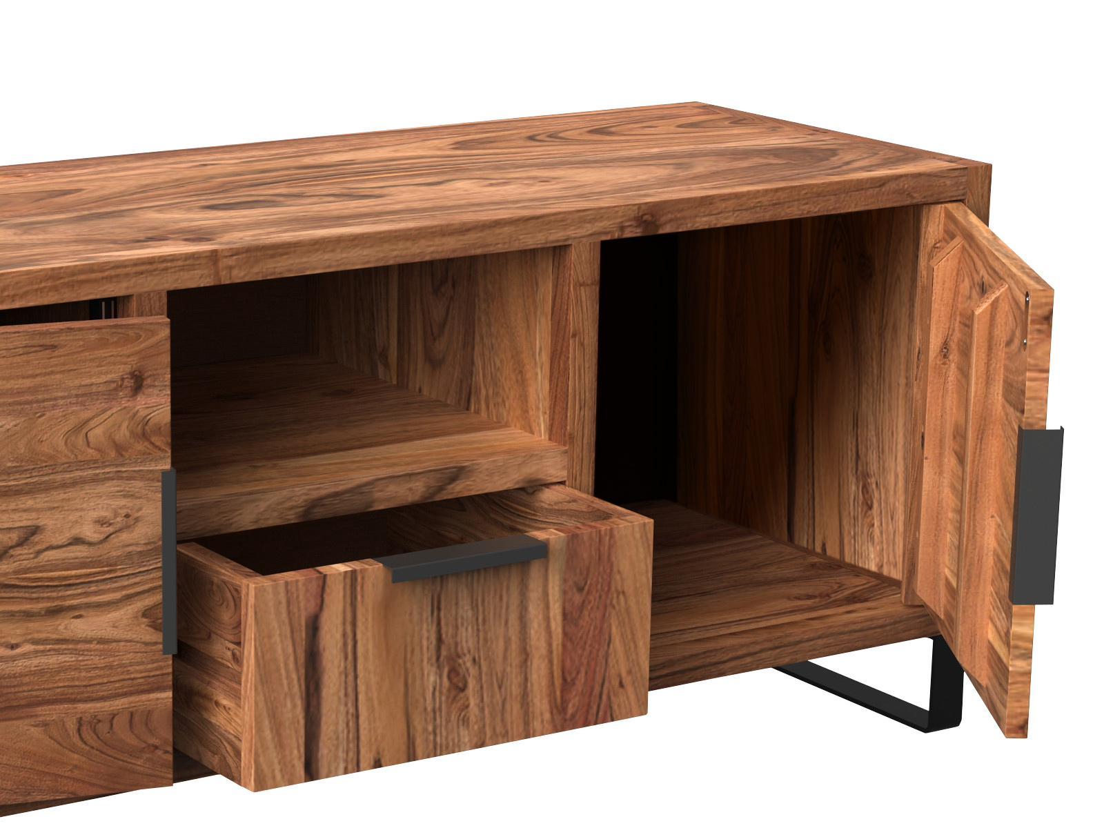 Freisteller: TV-Bank Sydney Akazie, Frontansicht geöffnet mit 2 Türen, 1 Schublade & offenem Fach aus lackiertem Akazienholz