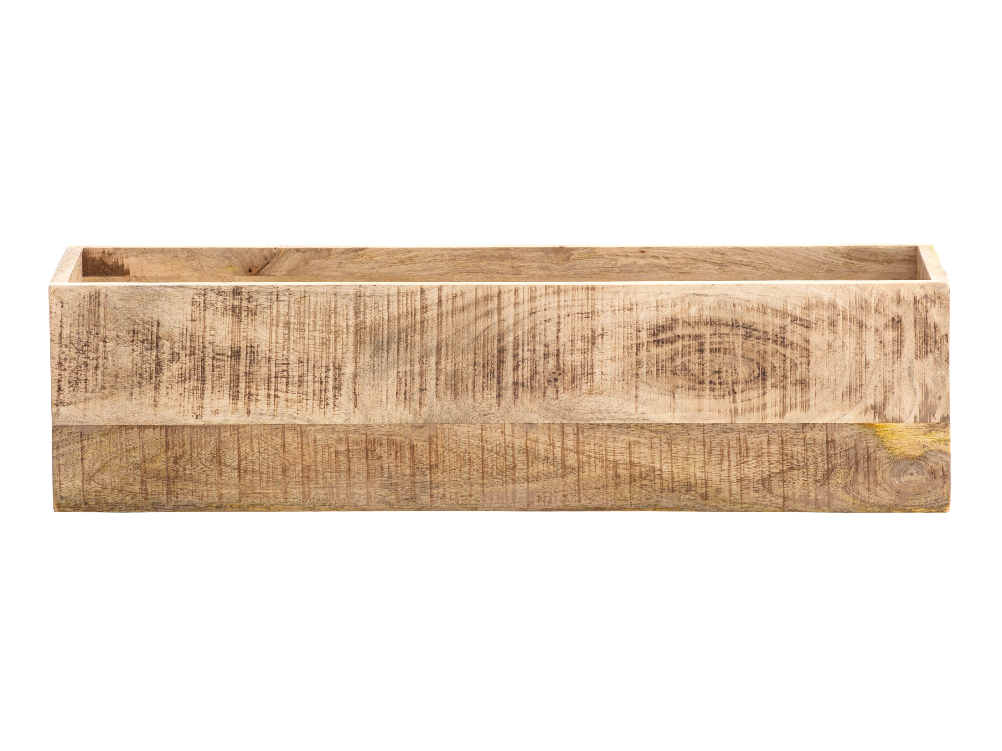 Freisteller Frontansicht: Rechteckiger Wand-Blumenkasten aus lackiertem Mangoholz, 170×22×25 cm, offenes Pflanzfach.