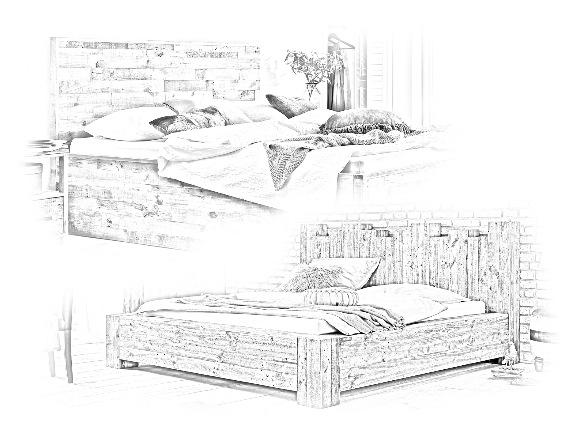 Mehrere moderne Betten-Kopfteile aus Holz und Polster in verschiedenen Farben, schlichtes warmes Schlafzimmer-Ambiente