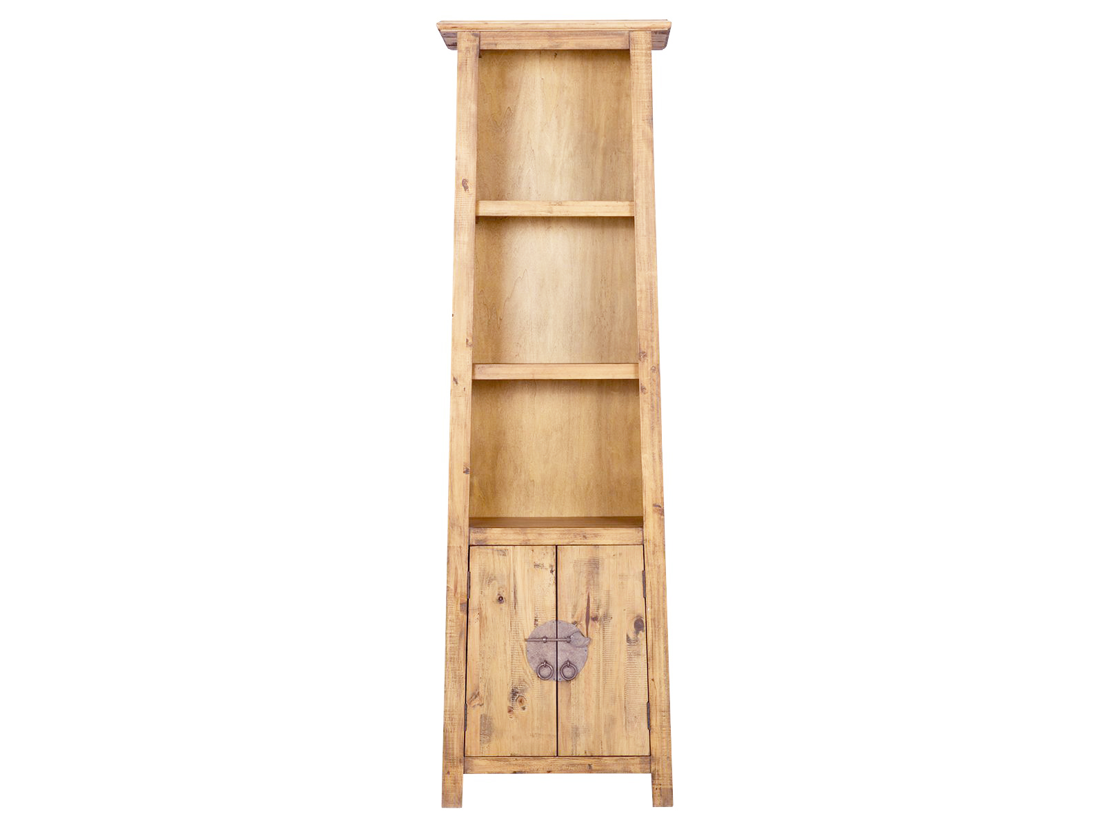 Freisteller-Frontansicht Hochschrank Rangun (48×170×32cm), recycelte Pinie, braunes Holz, 3 offene Fächer, 2 Türen